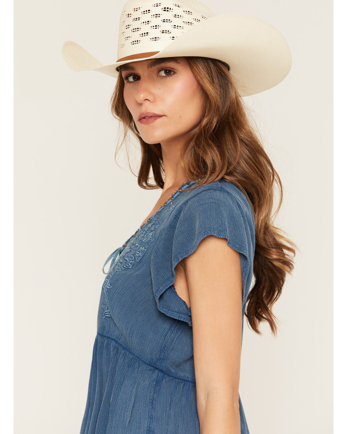 Image #2 - Shyanne Women's Embroidered Short Flutter Sleeve Shirt, Deep Blue, hi-res