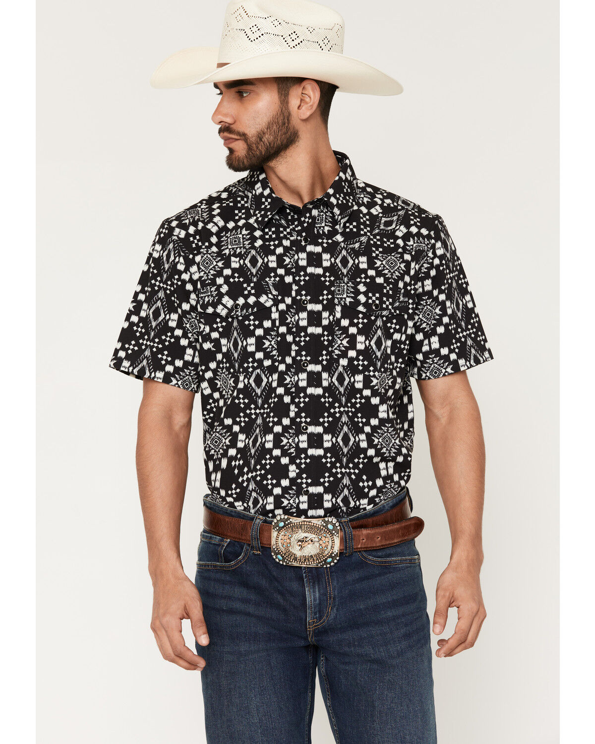 RANK 45&reg; Men's RODEOTEK&trade; Zig Man Southwestern Print 2.0 Short Sleeve Snap Stretch Western Shirt, Black, hi-res