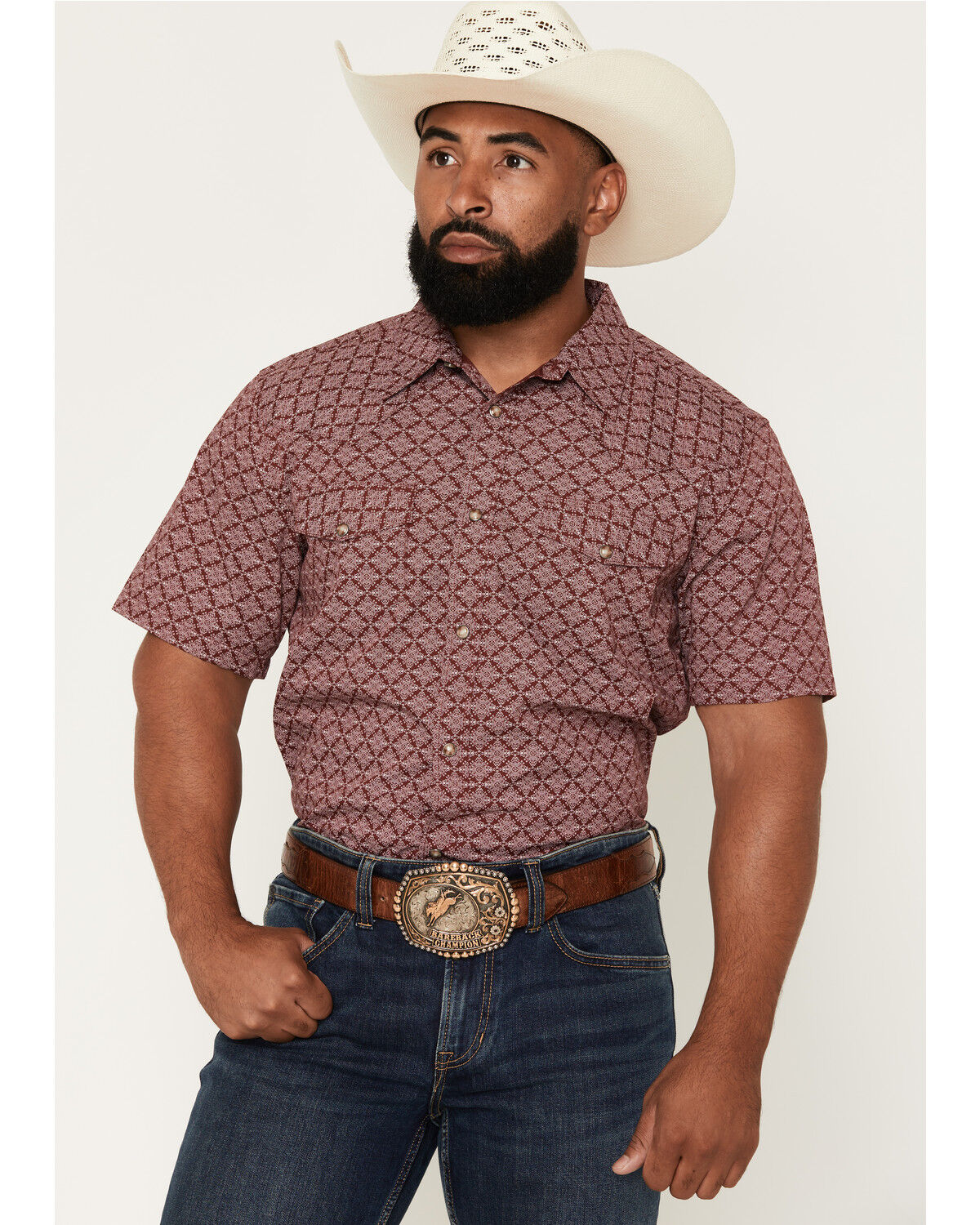 Image #1 - Gibson Trading Co Men's Gypsy Den Medallion Print Short Sleeve Snap Western Shirt, Burgundy, hi-res