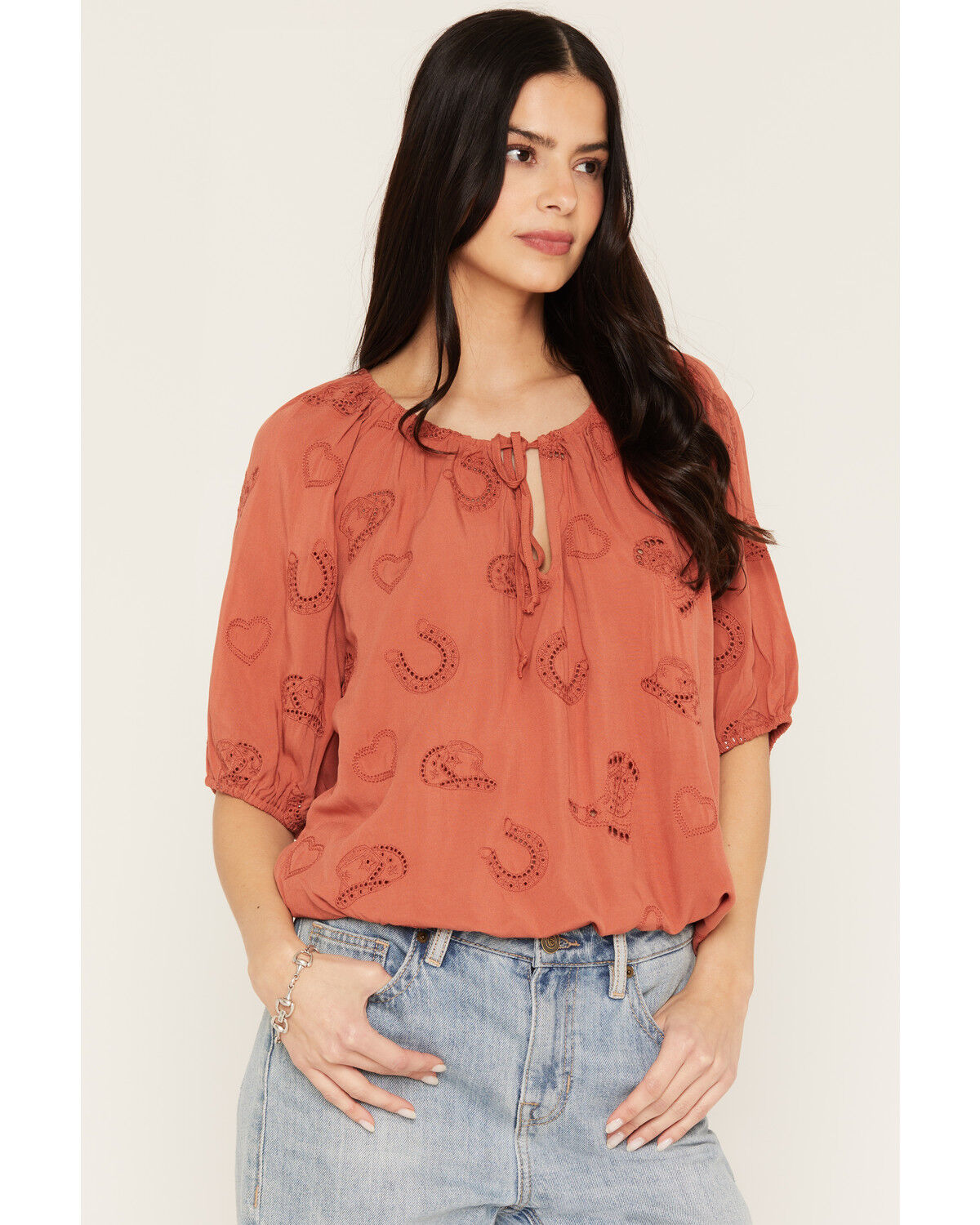 Image #1 - Wild Moss Women's Western Embroidered Cutout Short Sleeve Peasant Top, Rust Copper, hi-res