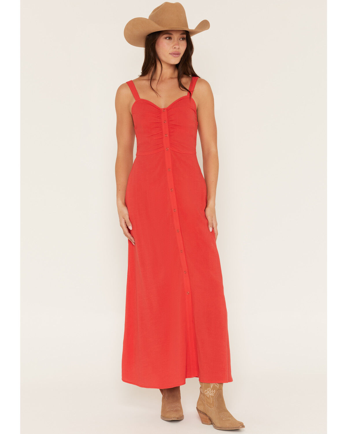 Image #1 - Lovestitch Women's Sleeveless Snap Front Midi Dress, Red, hi-res