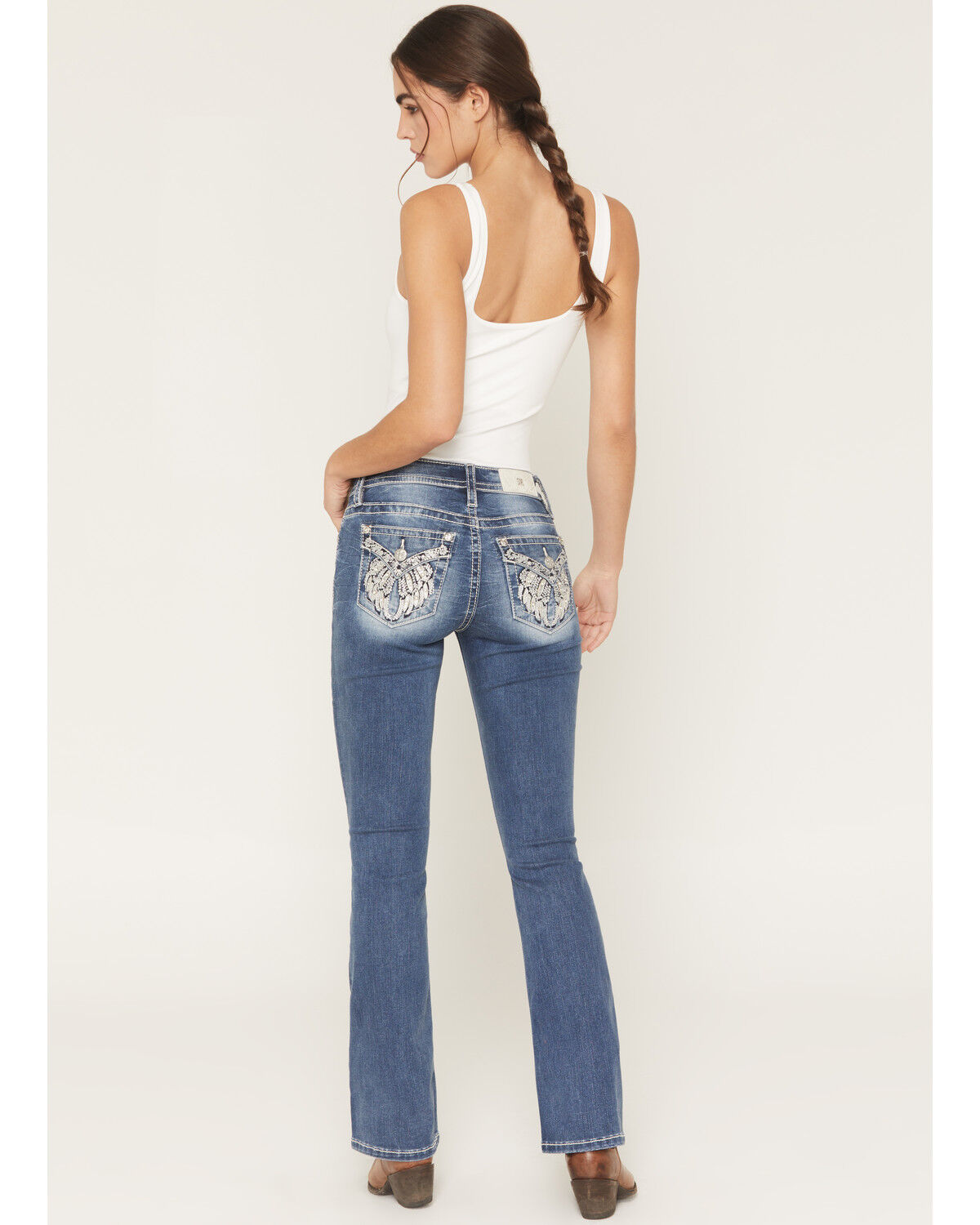 Image #1 - Miss Me Women's Dark Wash Mid Rise Winged Pocket 30" Bootcut Stretch Denim Jeans, Dark Wash, hi-res