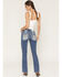 Image #1 - Miss Me Women's Dark Wash Mid Rise Winged Pocket 30" Bootcut Stretch Denim Jeans, Dark Wash, hi-res
