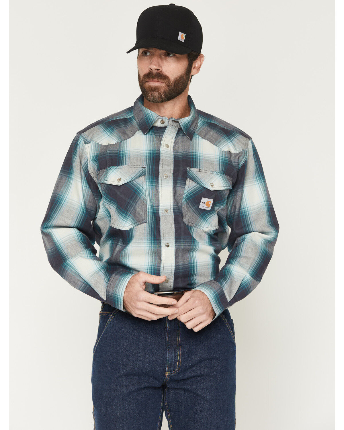 Image #1 - Carhartt Men's FR Montana Plaid Print Relaxed Fit Midweight Twill Long Sleeve Snap Work Shirt, Navy, hi-res