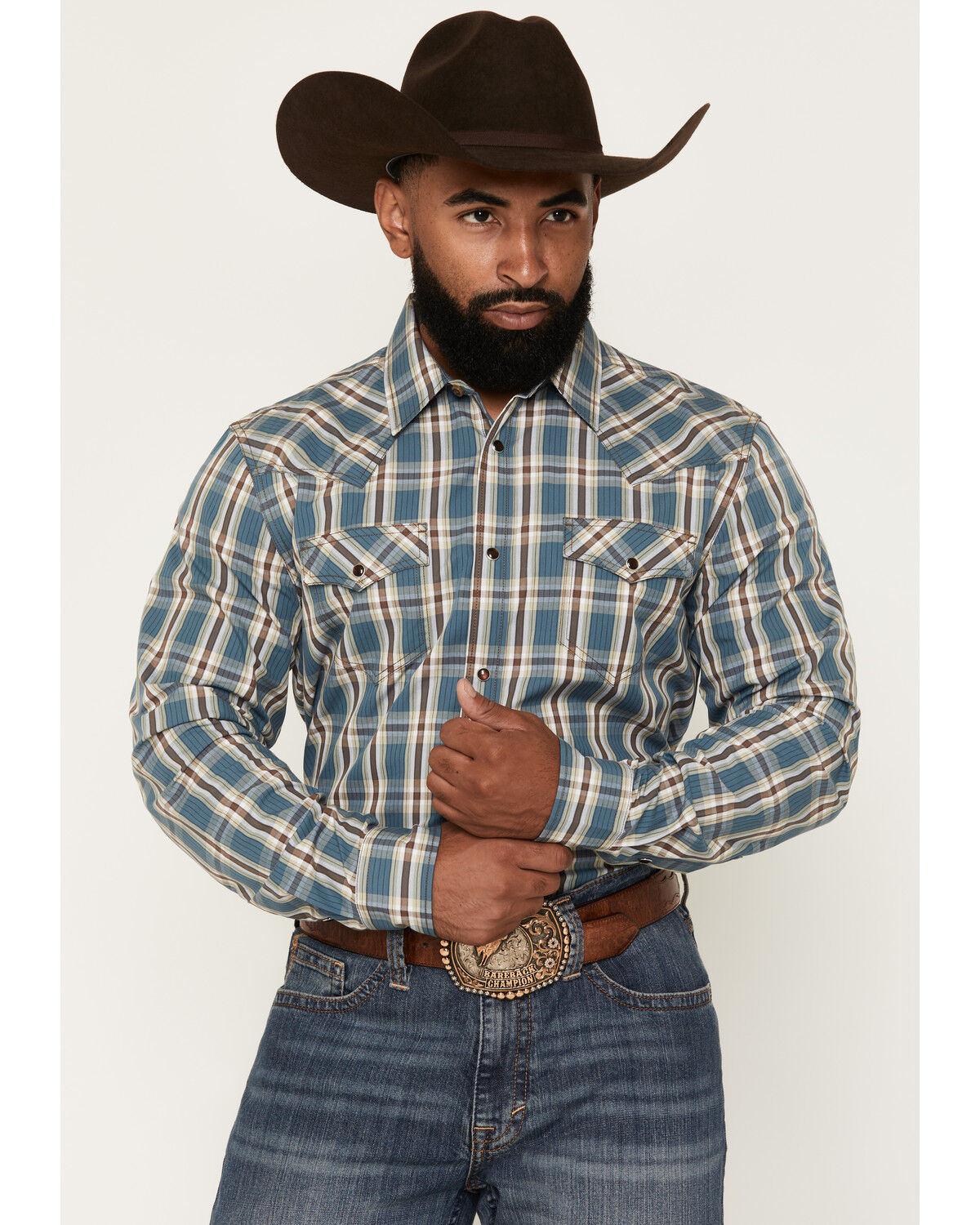Cody James Men's Niagara Falls Plaid Print Long Sleeve Snap Western Shirt, Blue, hi-res
