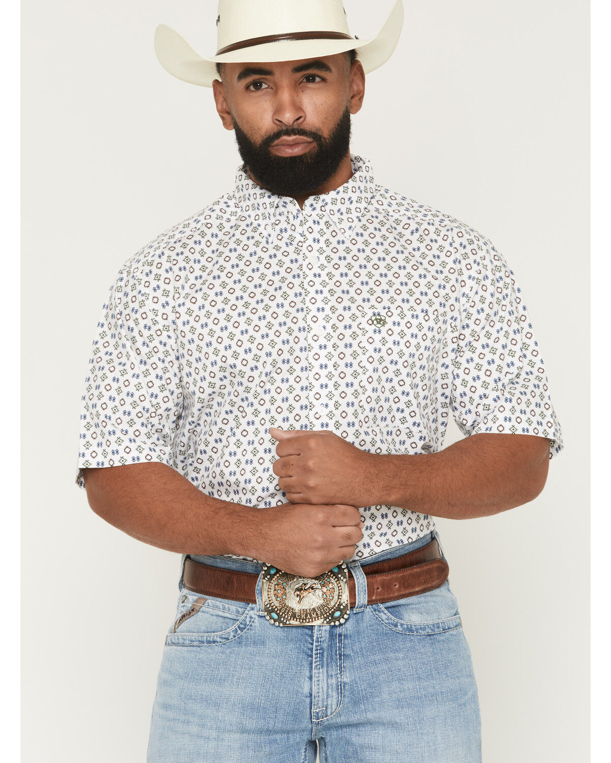 Image #1 - Ariat Men's Seton Geo Print Short Sleeve Button-Down Western Shirt, White, hi-res