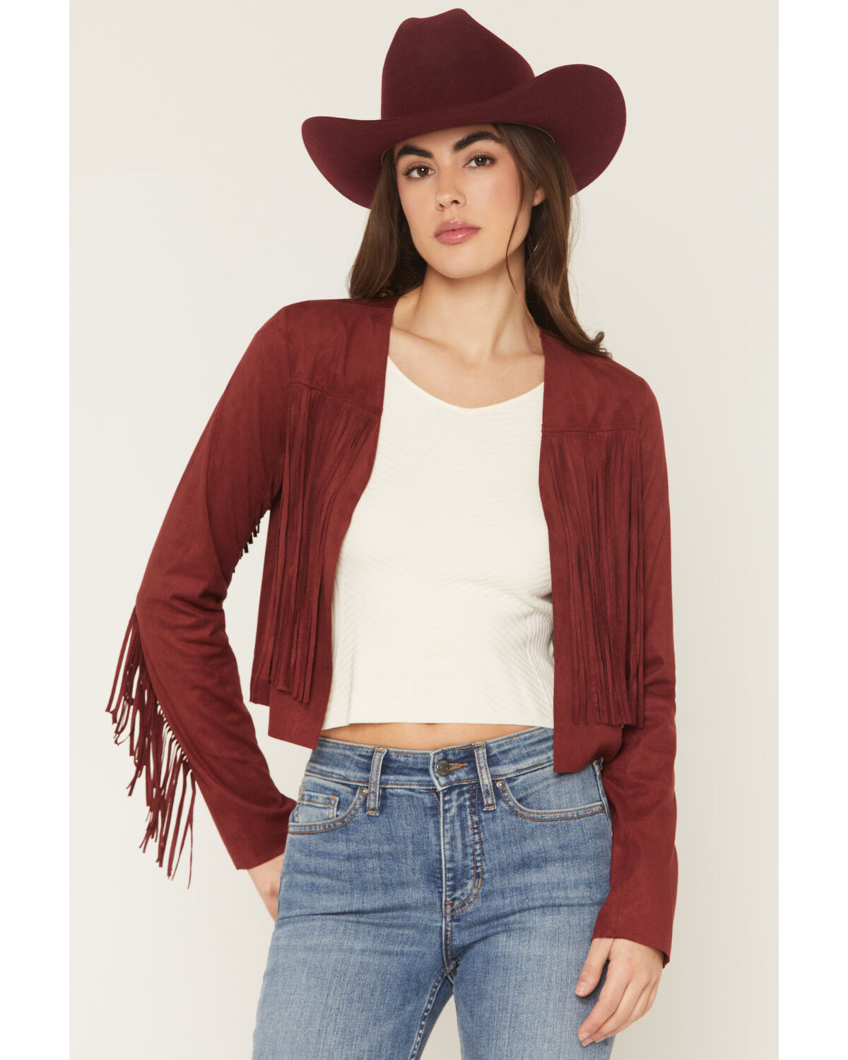 Image #1 - Shyanne Women's Deleon Faux Suede Cropped Fringe Jacket, Burgundy, hi-res