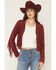 Image #1 - Shyanne Women's Deleon Faux Suede Cropped Fringe Jacket, Burgundy, hi-res
