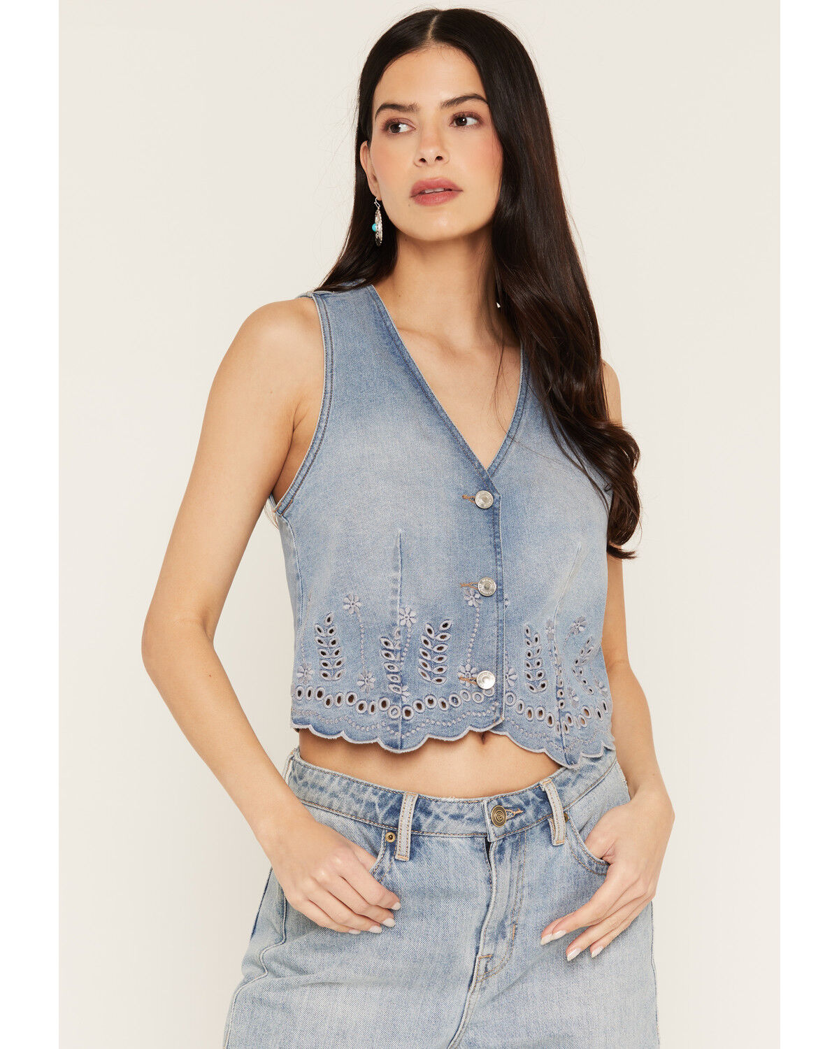 26 International Women's Embroidered Denim Vest, Blue, hi-res