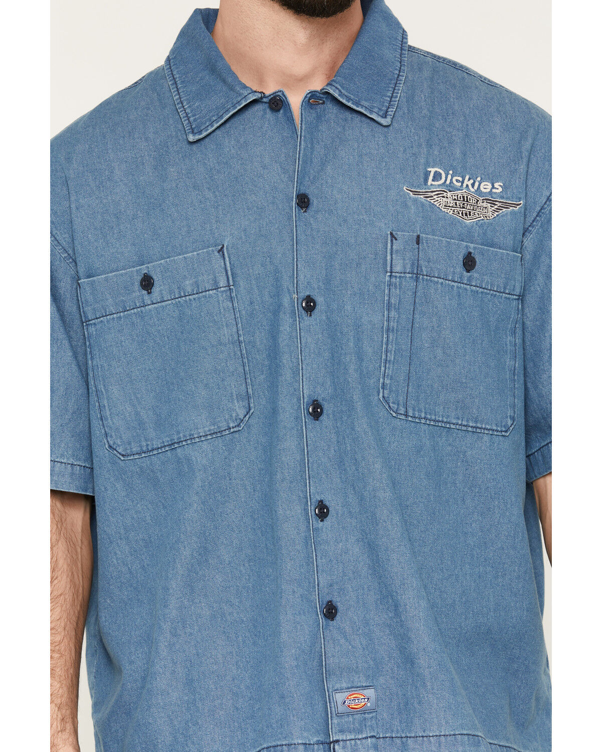 Image #3 - Dickies X Harley Davidson Men's Embroidered Short Sleeve Button-Down Denim Work Shirt, Light Wash, hi-res