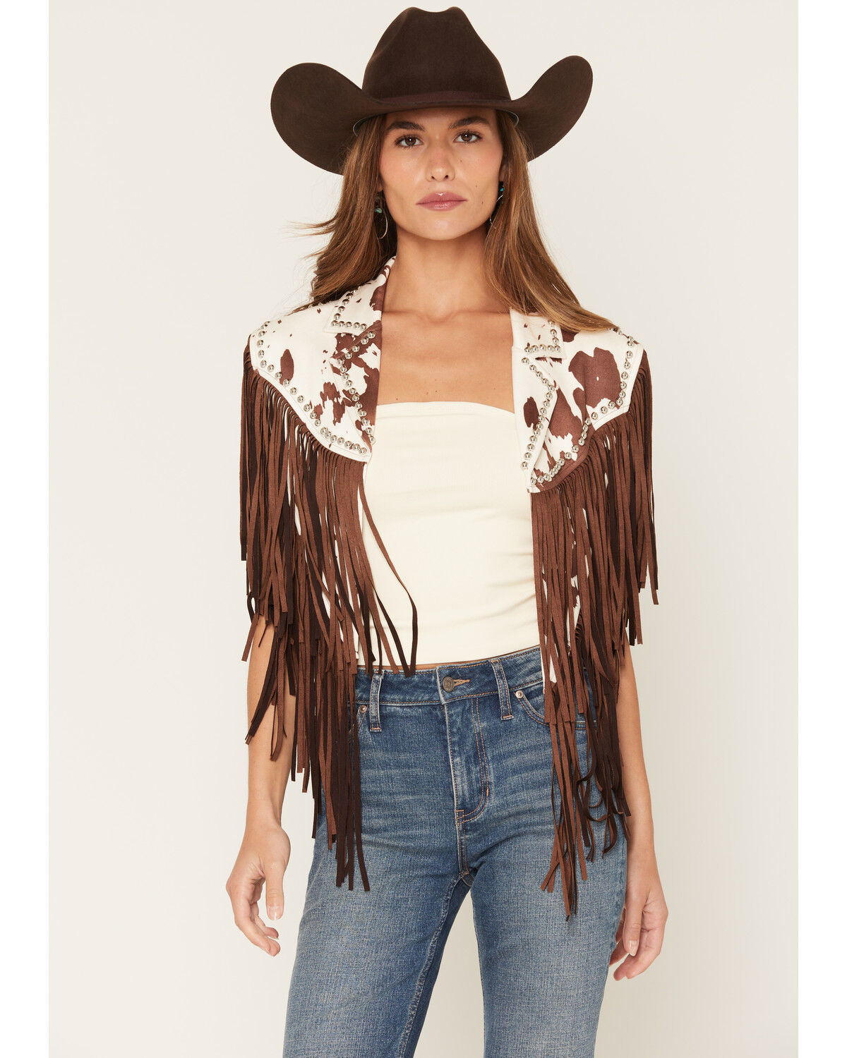 Image #1 - Saints & Hearts Women's Cow Print Studded Fringe Capelet, Brown, hi-res