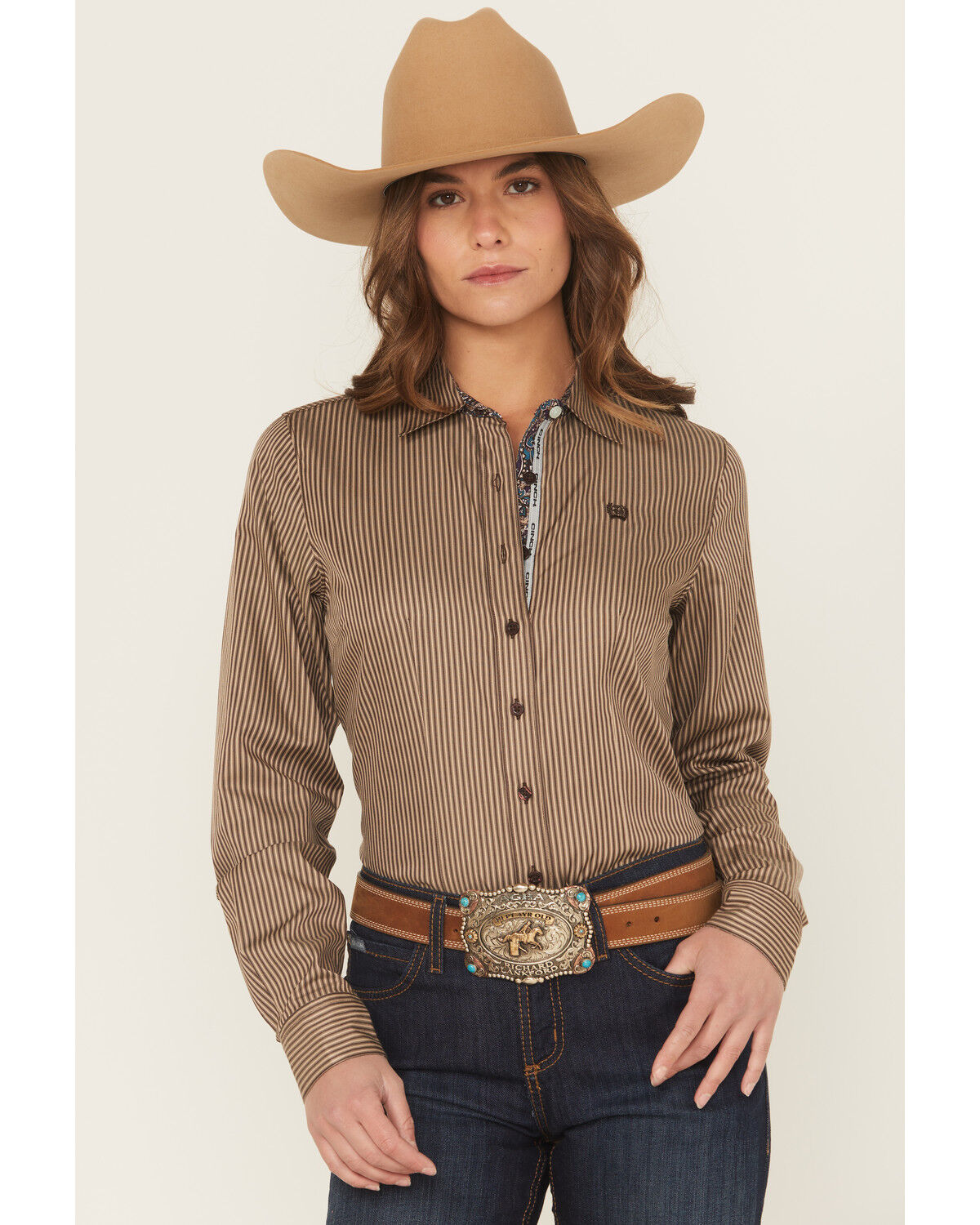 Cinch Women's TENCEL&trade; Striped Print Long Sleeve Button-Down Stretch Western Shirt, Brown, hi-res