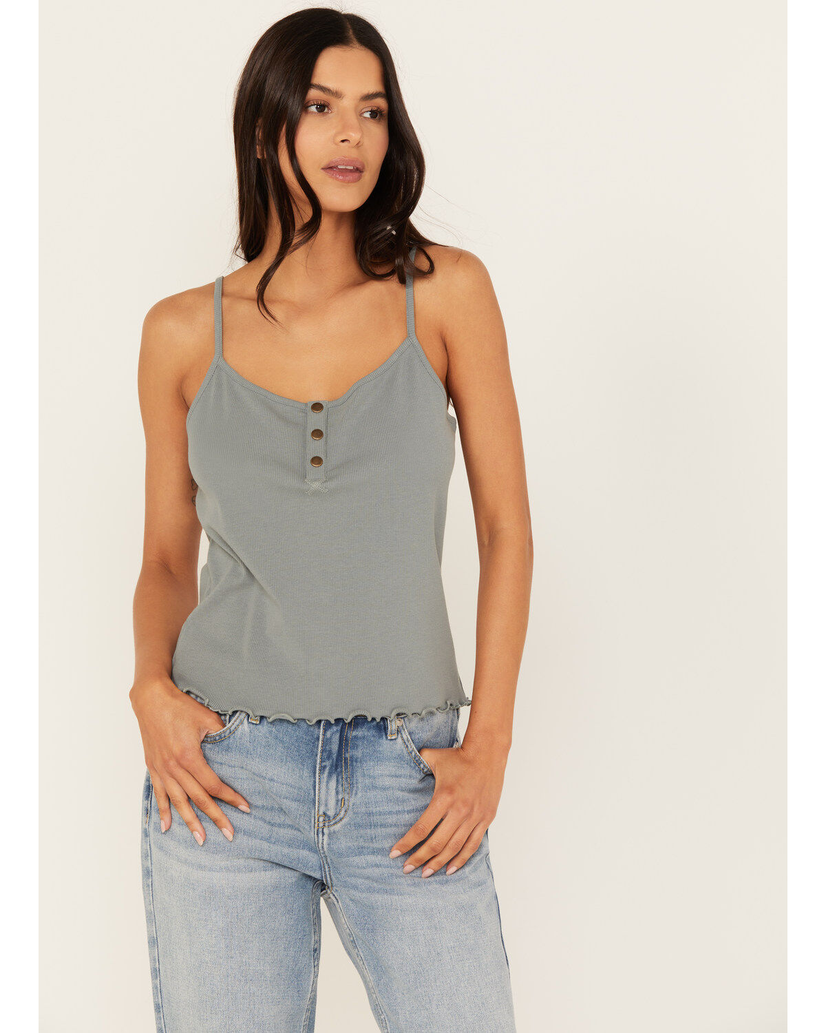 Cleo + Wolf Women's Rib Knit Henley Tank, Steel Blue, hi-res