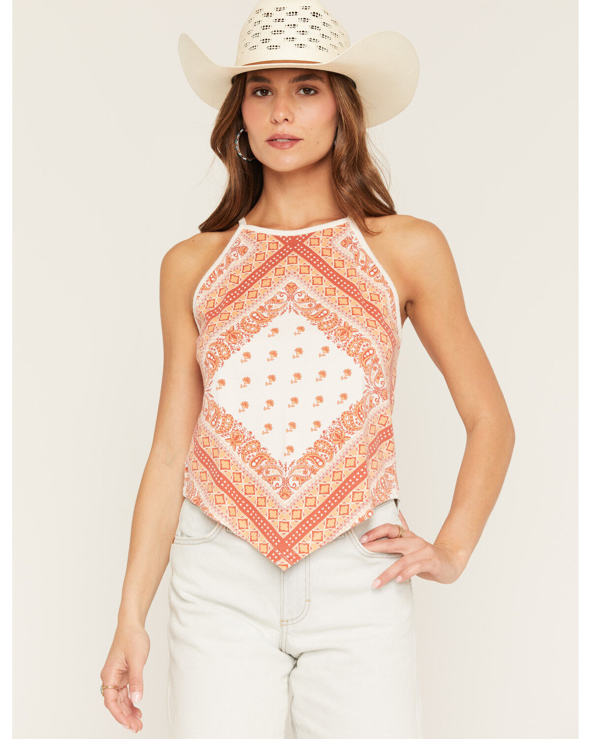 Rock & Roll Denim Women's Bandana Print Tank Top, Orange, hi-res