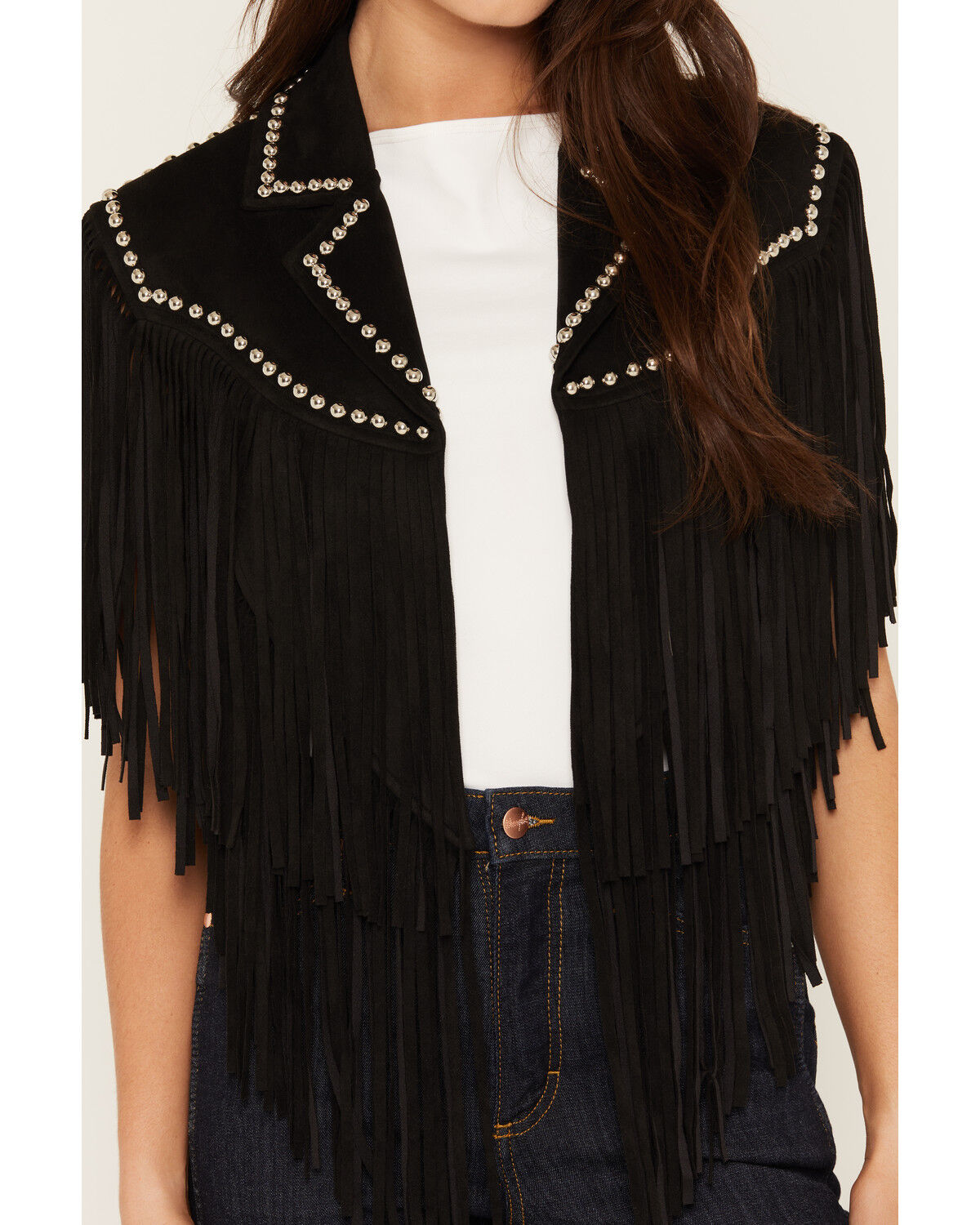 Image #3 - Saints & Hearts Women's Faux Suede Studded Fringe Capelet, Black, hi-res