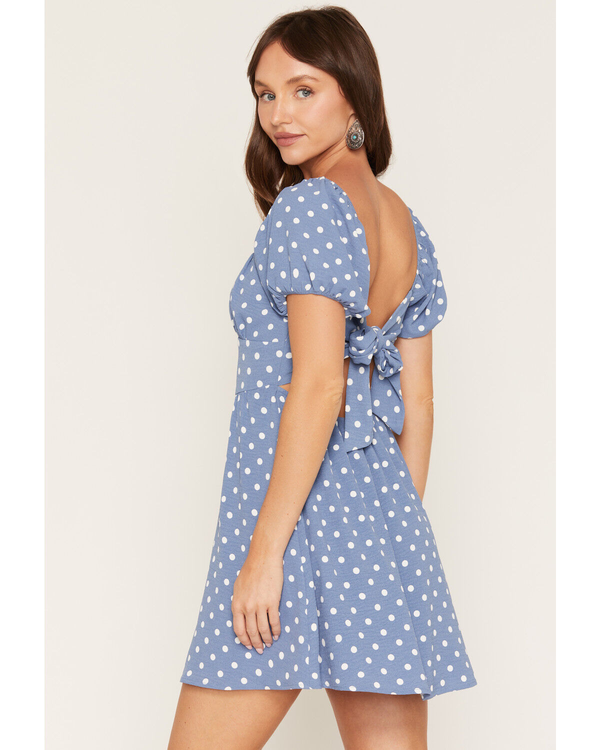 Image #4 - Originality Women's Boot Barn Exclusive Polka Dot Tie Back Mini Dress, Blue, hi-res