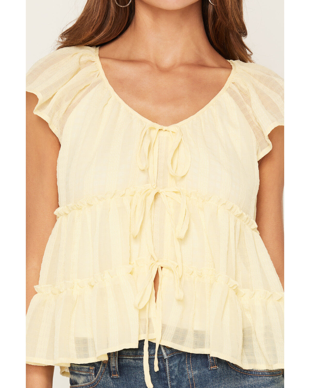 Image #3 - Ash & Violet Women's Short Sleeve Tie-Front Tiered Blouse, Yellow, hi-res