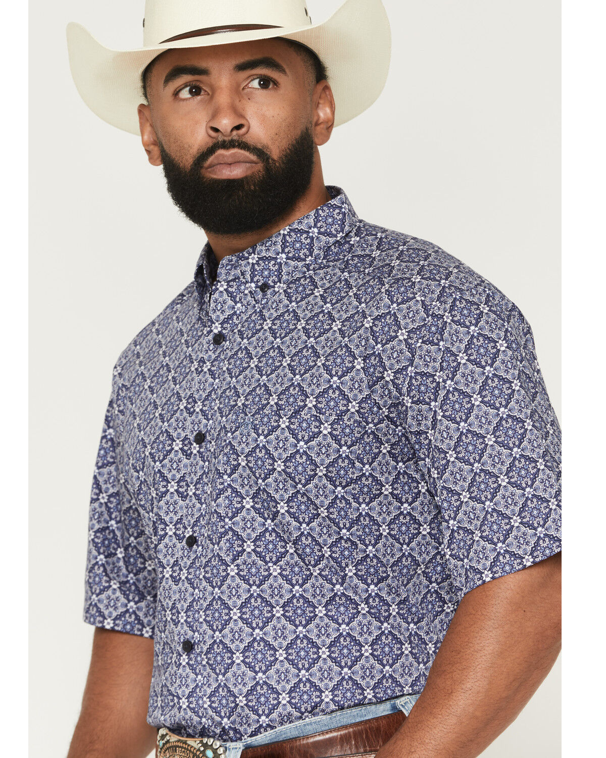 Image #2 - Ariat Men's Bill Medallion Print Short Sleeve Button-Down Western Shirt - Tall, Blue, hi-res