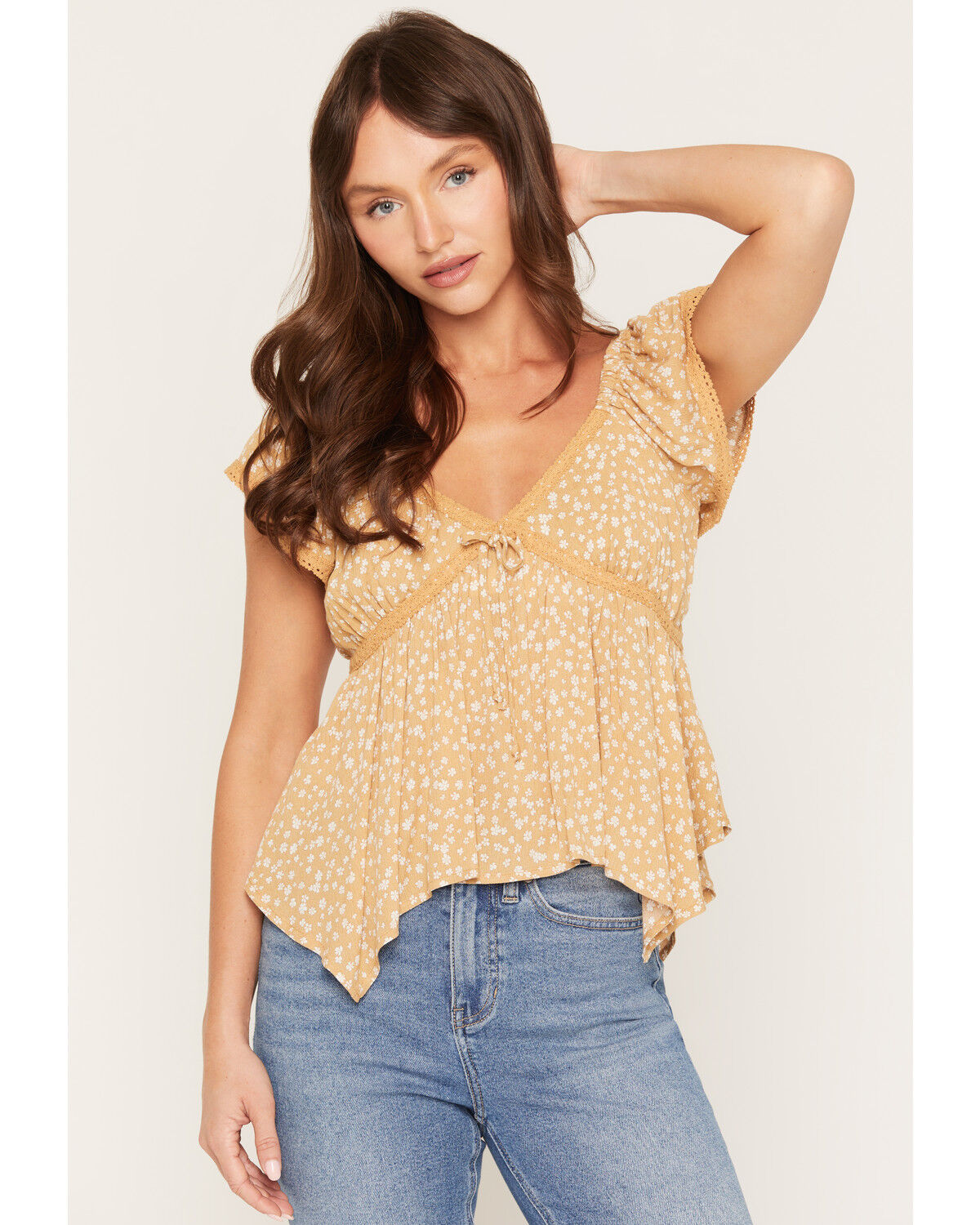 Image #1 - Wild Moss Women's Floral Print Hanky Hem Short Sleeve Top, Mustard, hi-res