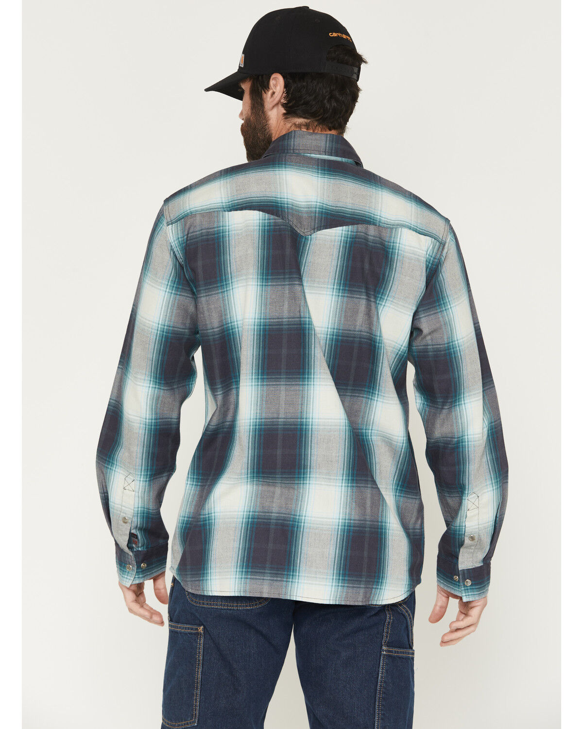 Image #4 - Carhartt Men's FR Montana Plaid Print Relaxed Fit Midweight Twill Long Sleeve Snap Work Shirt, Navy, hi-res