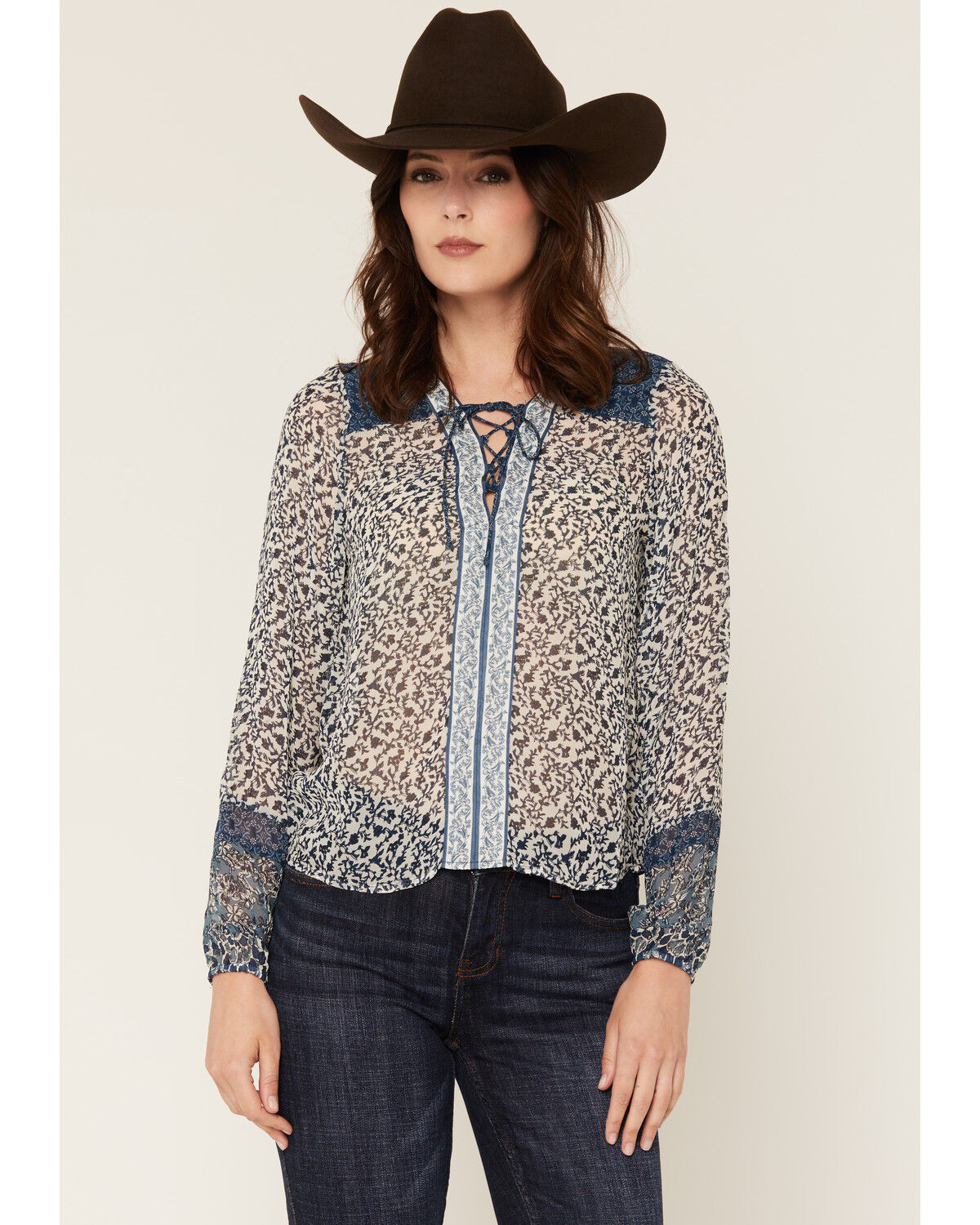 Idyllwind Women's Georgette Clover Long Sleeve Blouse, Light Blue, hi-res