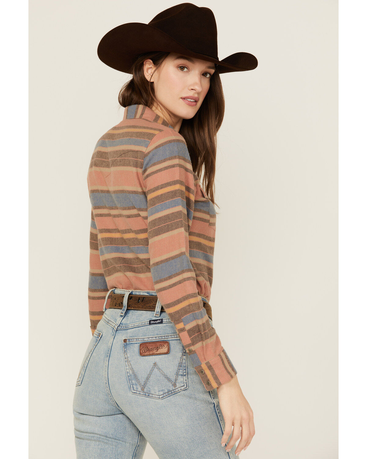 Image #4 - Shyanne Women's Serape Striped Print Long Sleeve Snap Flannel Shirt, Navy, hi-res