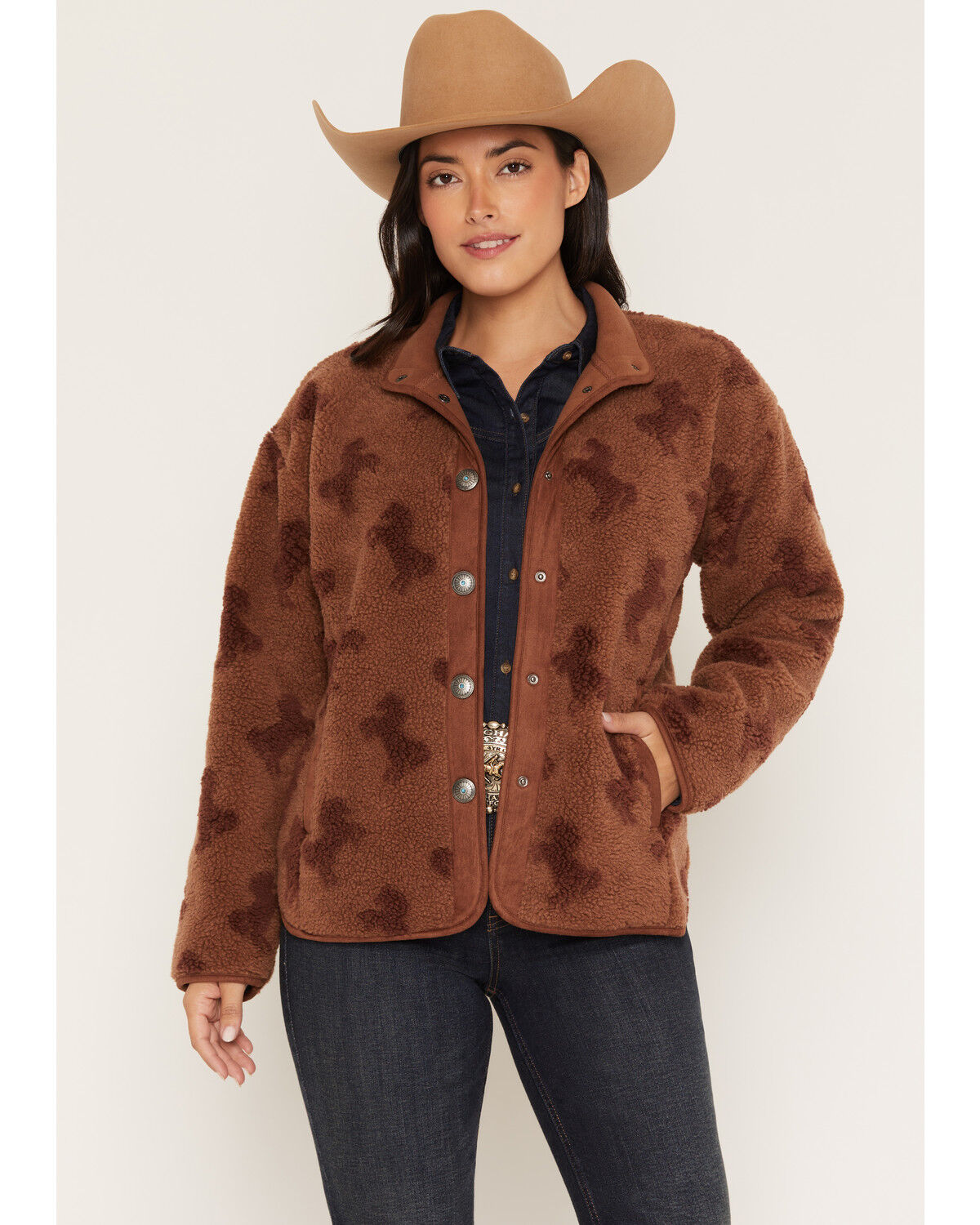 Image #1 - Shyanne Women's Carla Horse Print Sherpa Snap Jacket, Brown, hi-res