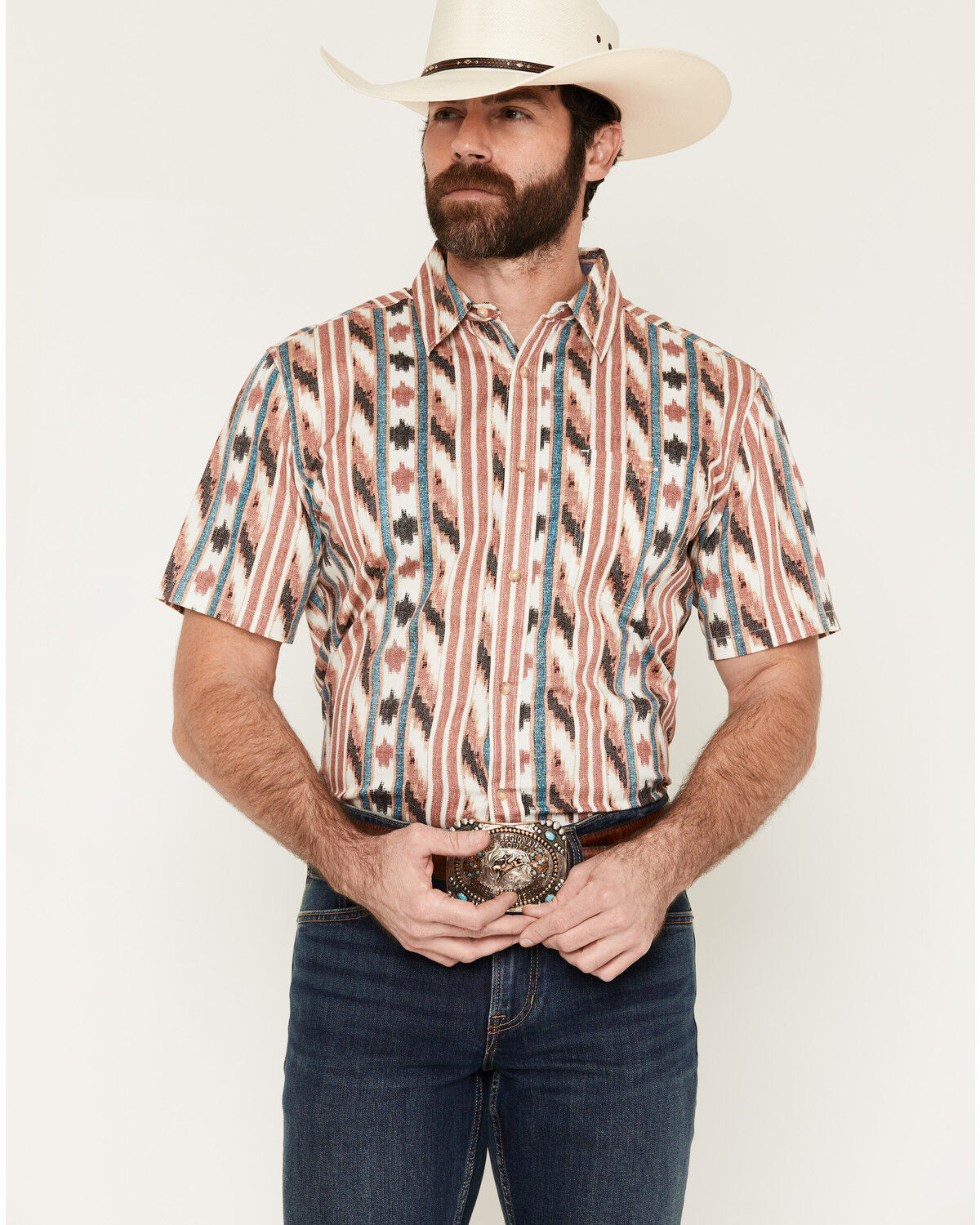 RANK 45&reg; Men's Carnival Southwestern Stripe Print Short Sleeve Button-Down Stretch Western Shirt, Cream, hi-res