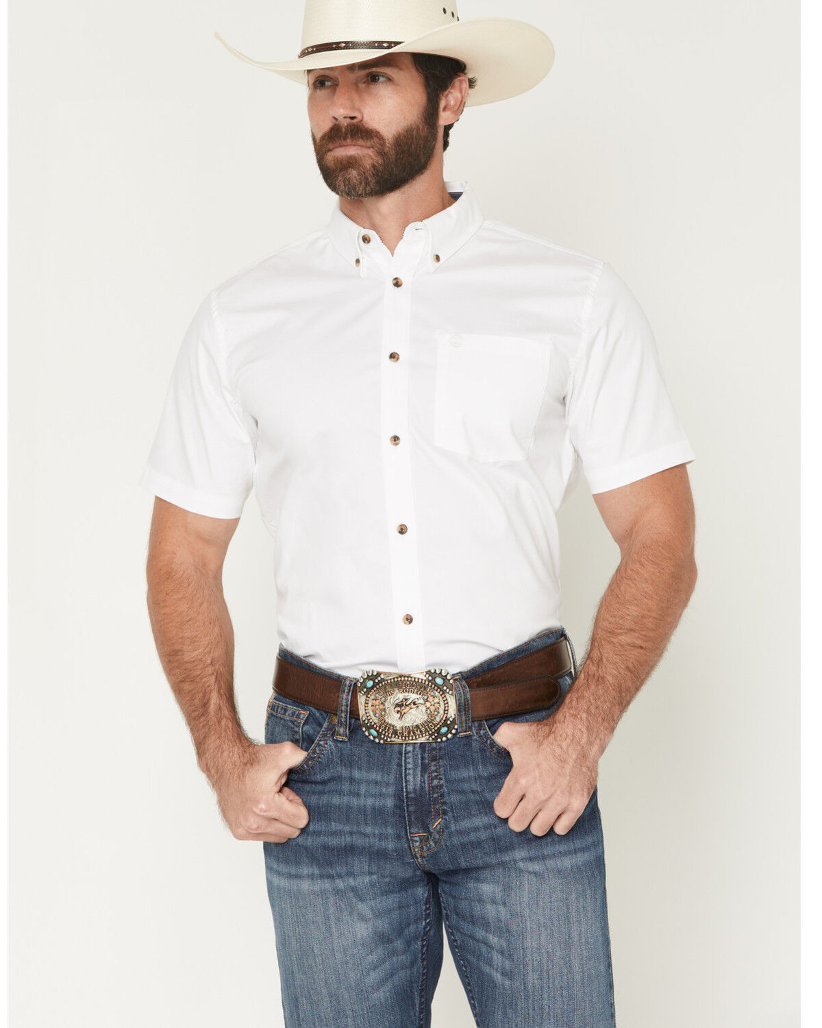 Image #1 - Cody James Men's Basic Solid Short Sleeve Button-Down Stretch Western Shirt - Big, White, hi-res