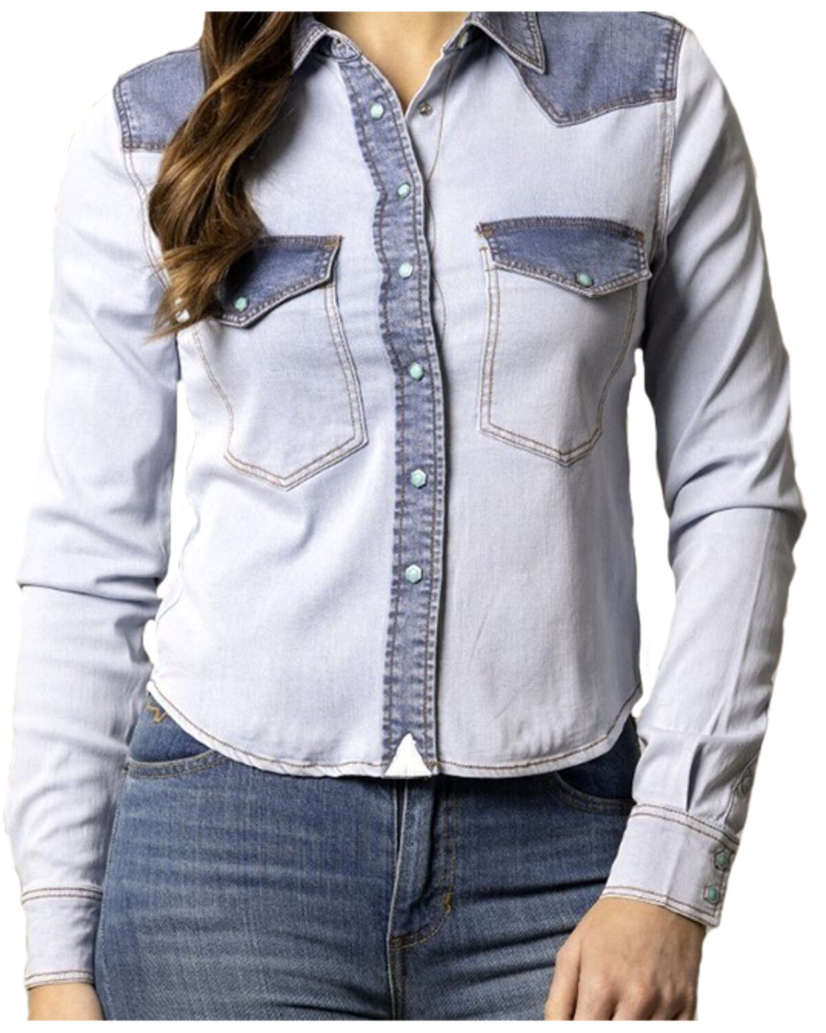 Kimes Ranch Women's Rayna Two-Toned Long Sleeve Cropped Snap Denim Snap Western Shirt, Light Wash, hi-res