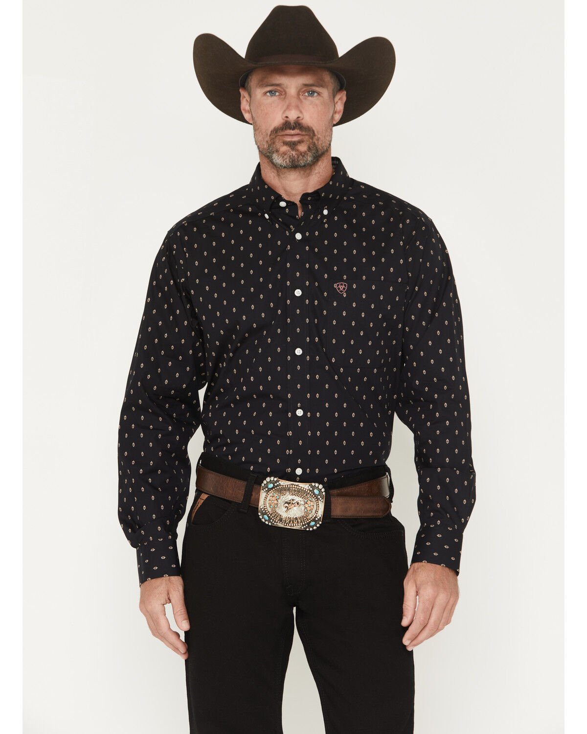 Image #1 - Ariat Men's Wrinkle Free Asher Geo Print Long Sleeve Button-Down Western Shirt - Big, Black, hi-res
