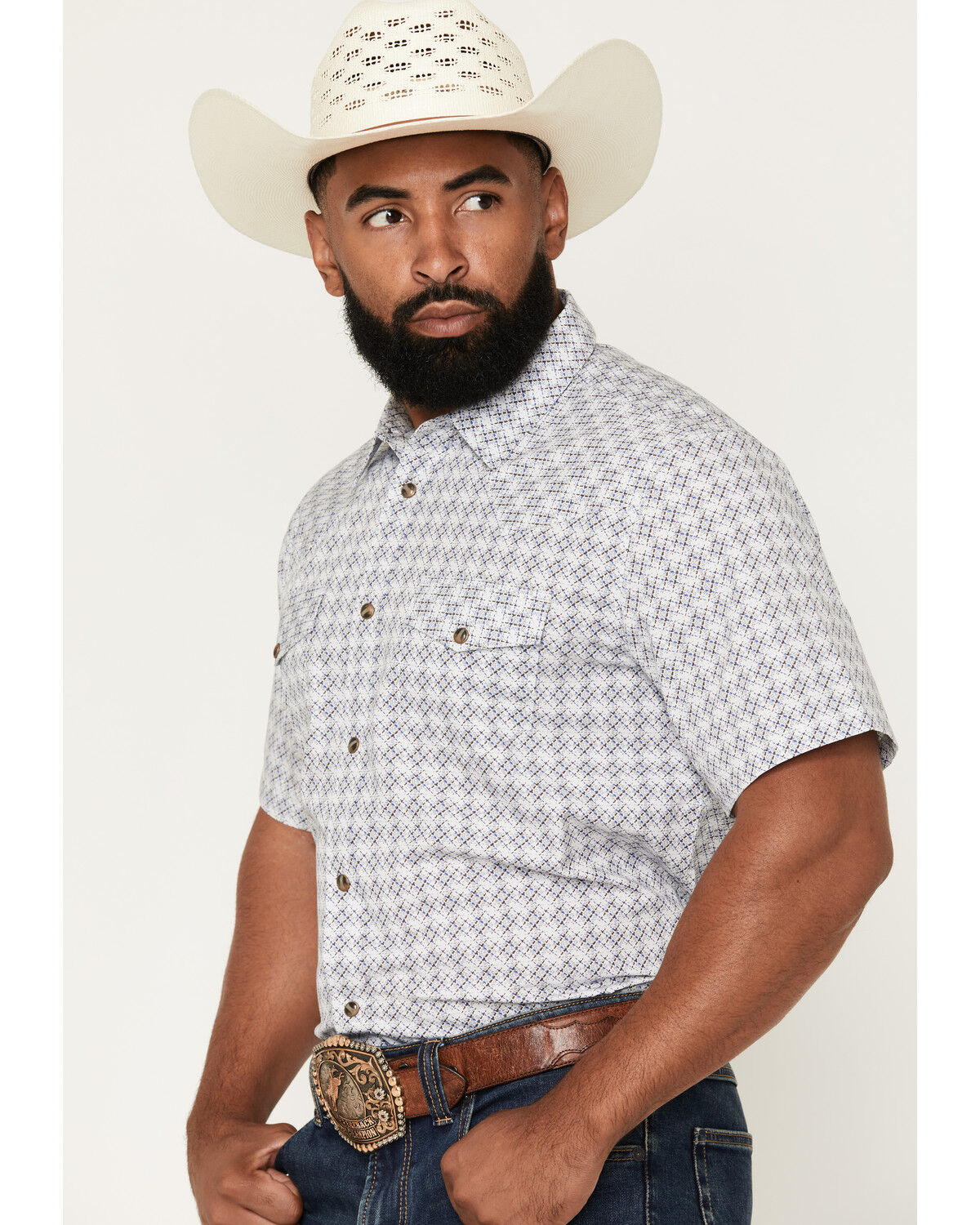 Image #2 - Gibson Trading Co Men's Vibe Check Geo Print Short Sleeve Snap Western Shirt, White, hi-res