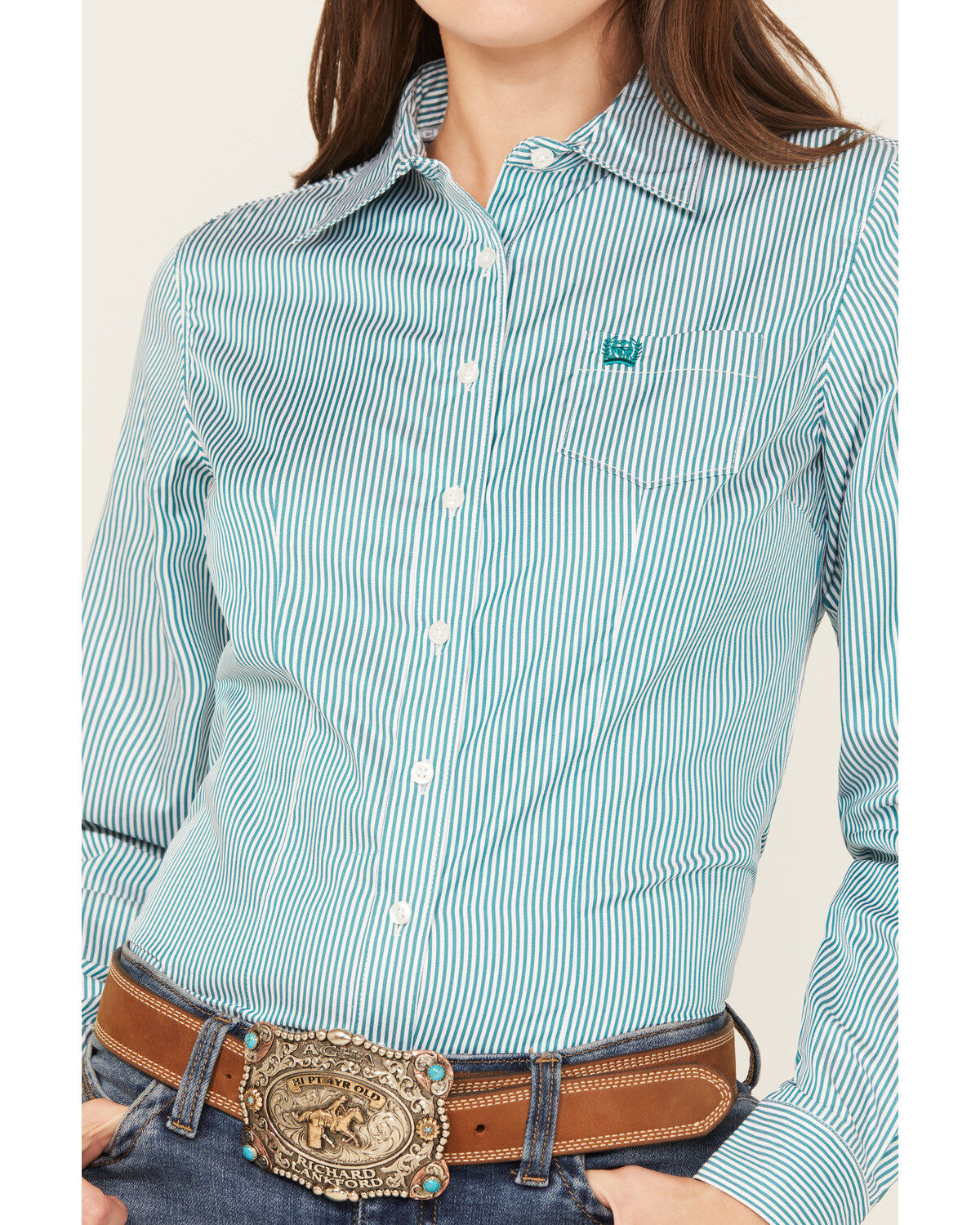 Image #3 - Cinch Women's TENCEL&trade; Striped Long Sleeve Button-Down Western Core Shirt, Teal, hi-res