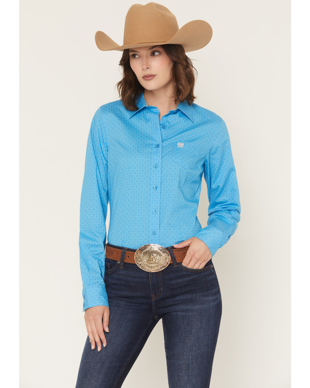 Cinch Women's Tonal Medallion Print Long Sleeve Button-Down Western Shirt, Blue, hi-res