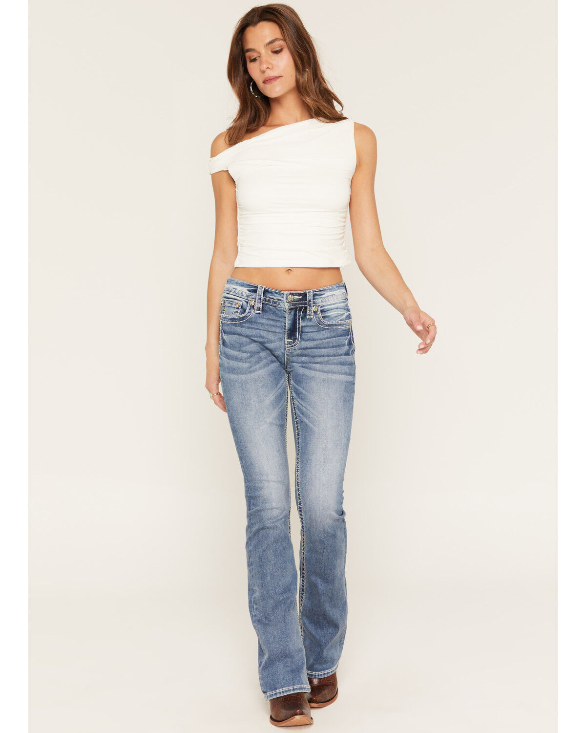 Image #3 - Miss Me Women's Medium Wash Mid Rise Fleur de Lis Pocket Bootcut Stretch Denim Jeans, Medium Wash, hi-res