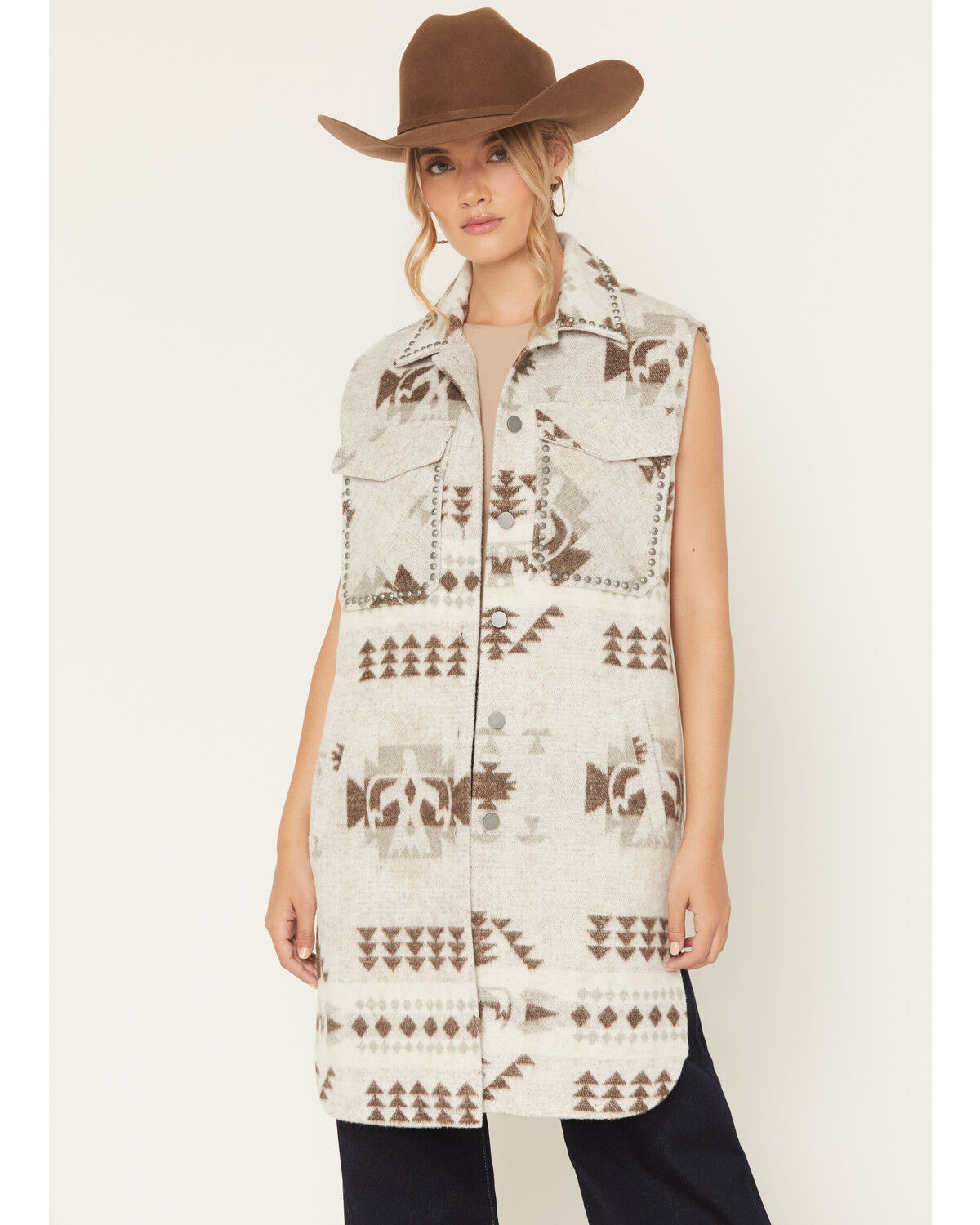 Ashley Women's Southwestern Print Studded Button-Down Long Vest, Grey, hi-res