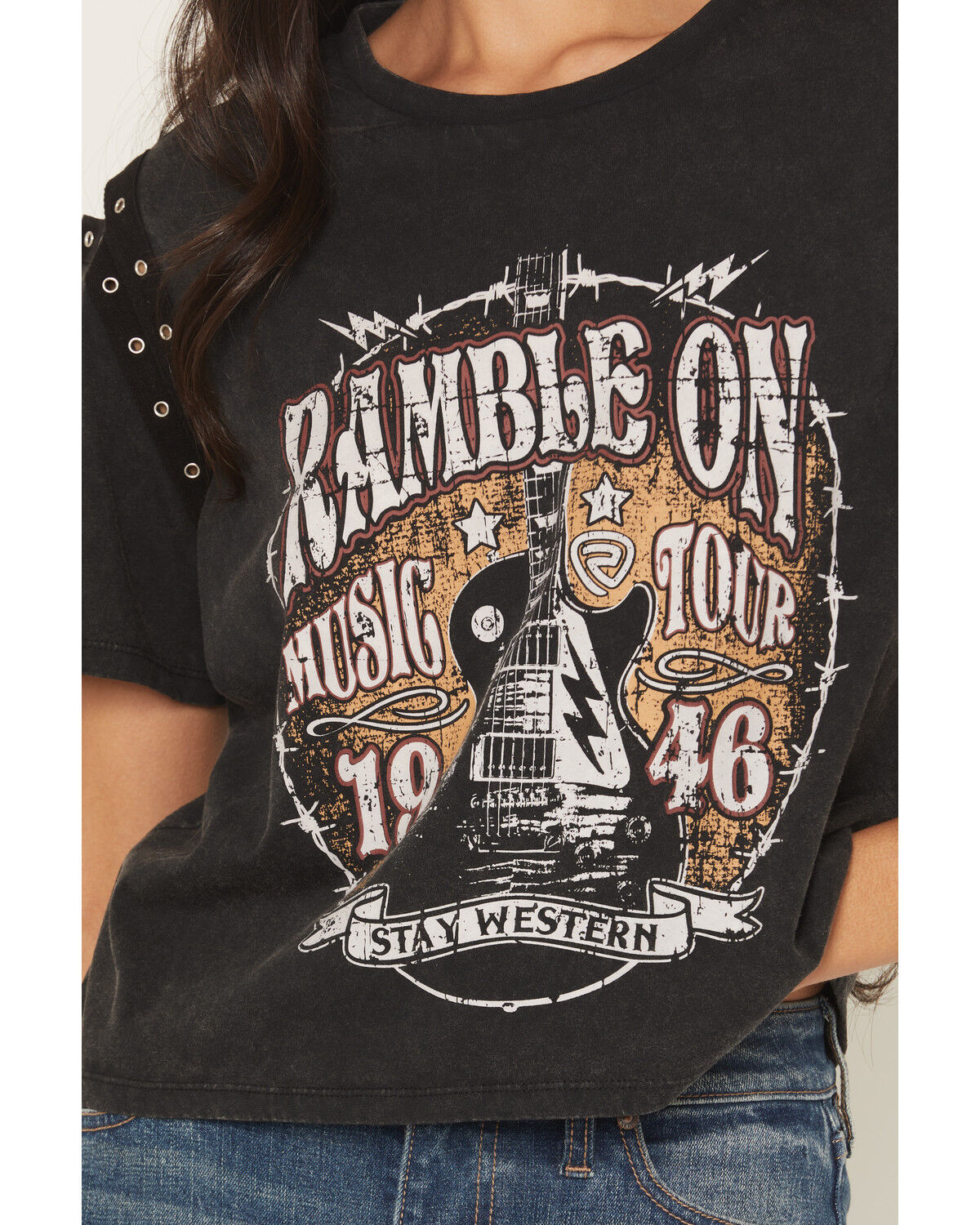 Image #3 - Rock & Roll Denim Women's Ramble On Short Sleeve Graphic Tee, Black, hi-res