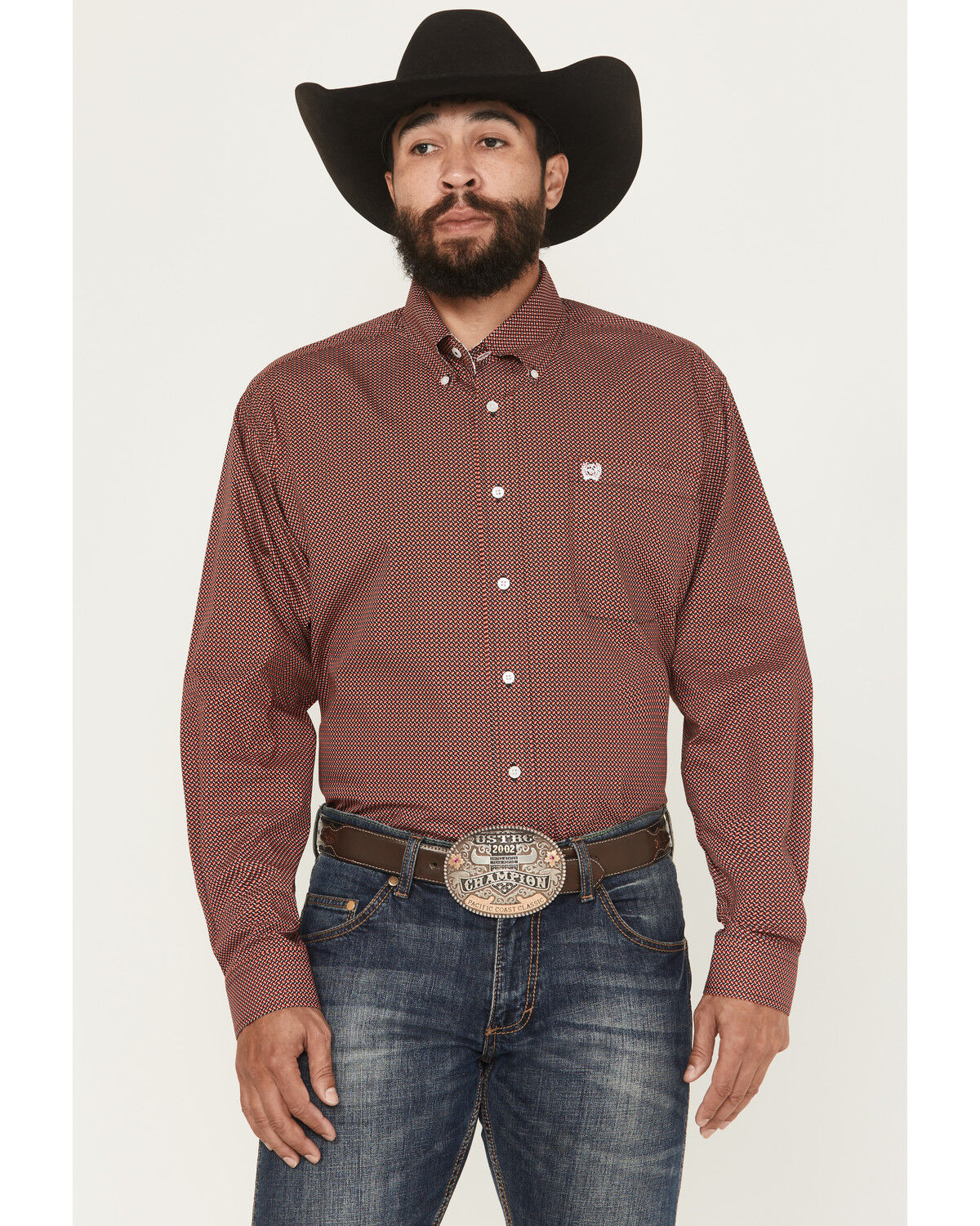 Cinch Men's Micro Geo Print Long Sleeve Button-Down Western Shirt, Red, hi-res