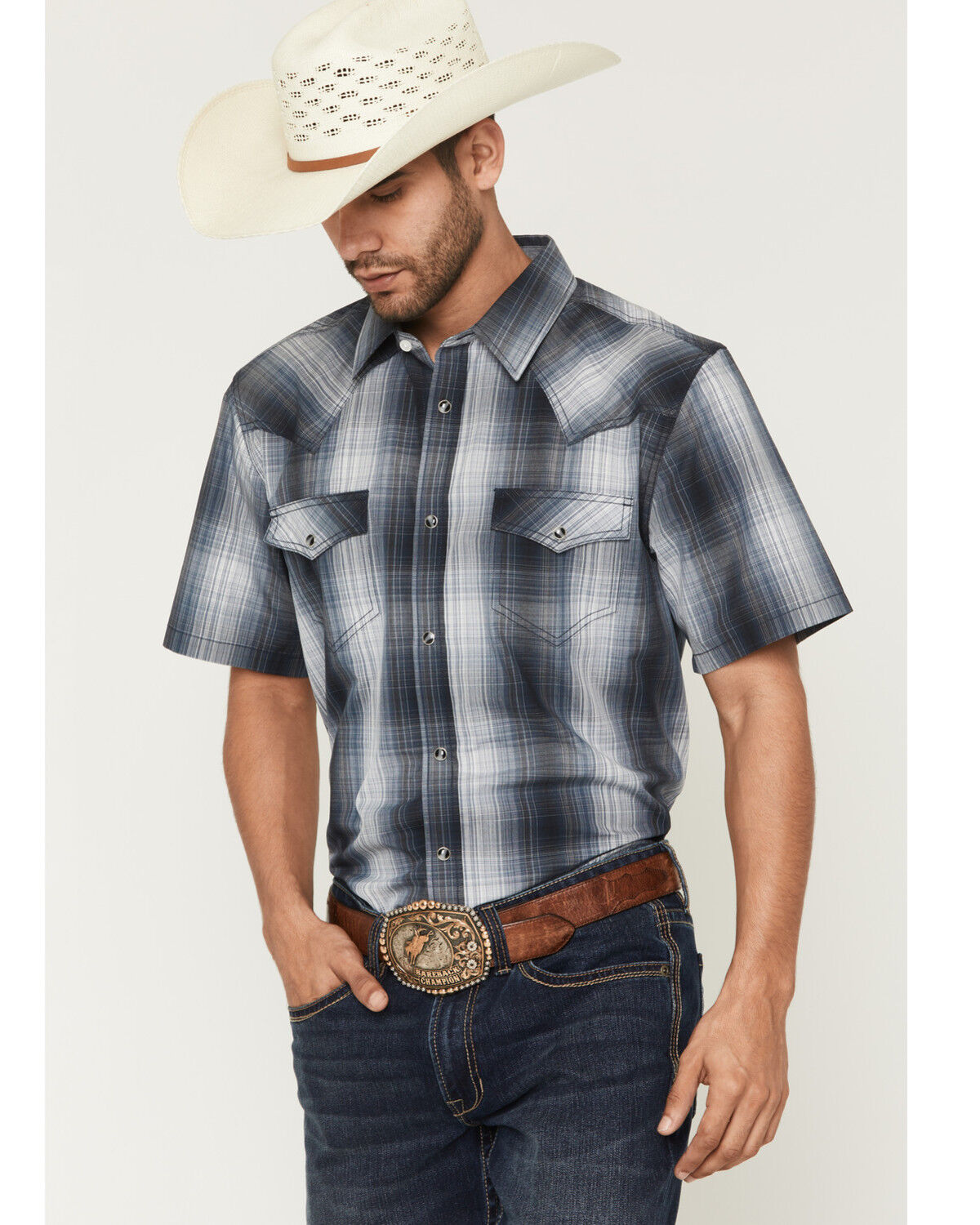 Image #1 - Cody James Men's Weed Wacker Plaid Print Short Sleeve Snap Western Shirt - Tall, Blue, hi-res