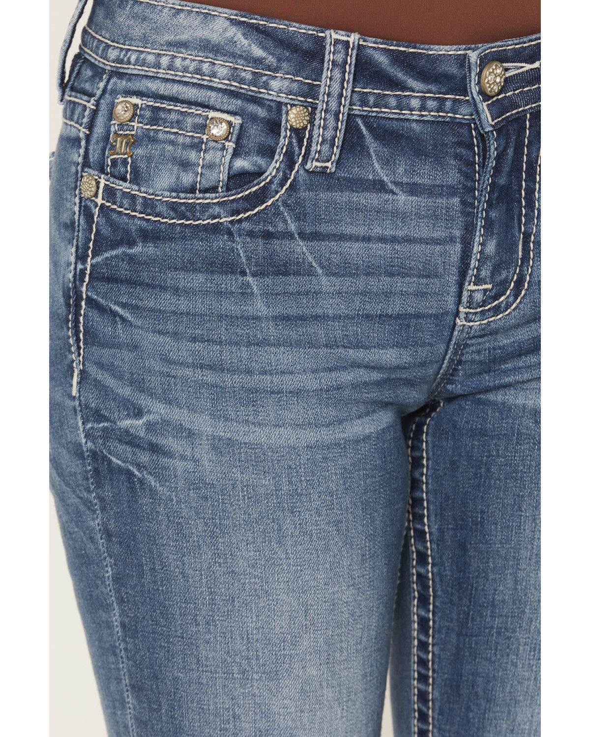 Image #4 - Miss Me Women's Medium Wash Mid Rise Geo Pocket 32" Bootcut Stretch Denim Jeans, Medium Wash, hi-res