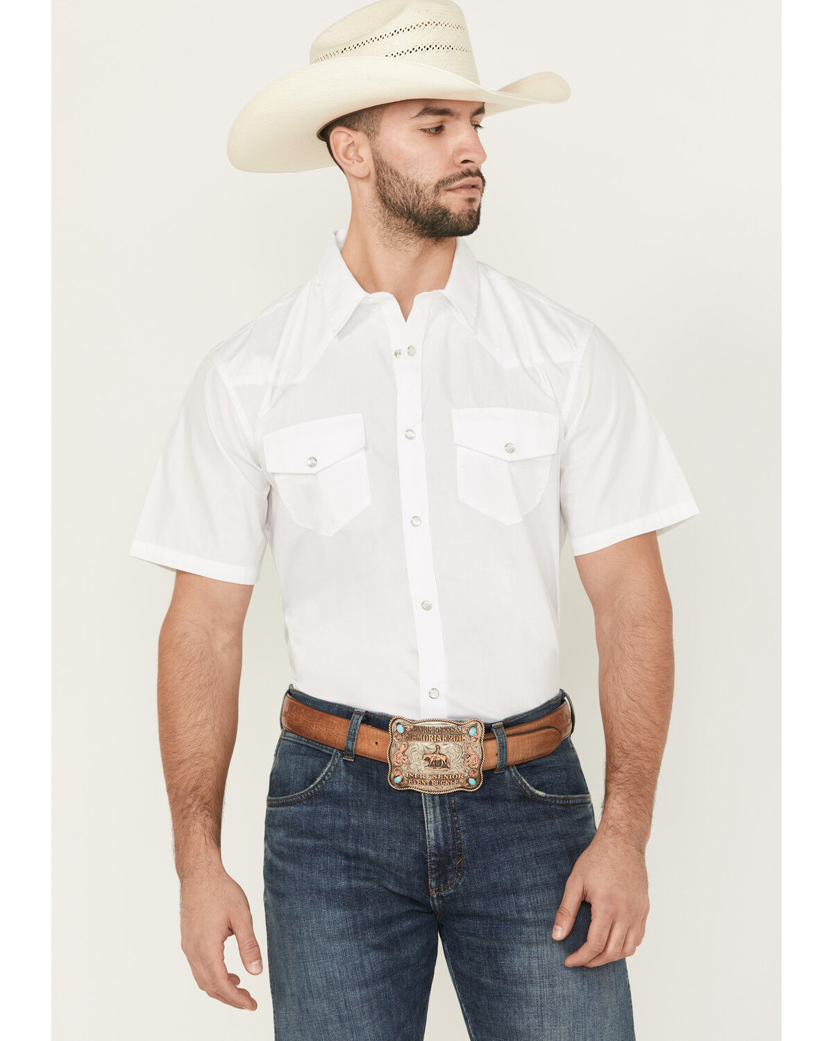Image #1 - Gibson Men's Solid Short Sleeve Pearl Snap Western Shirt, White, hi-res
