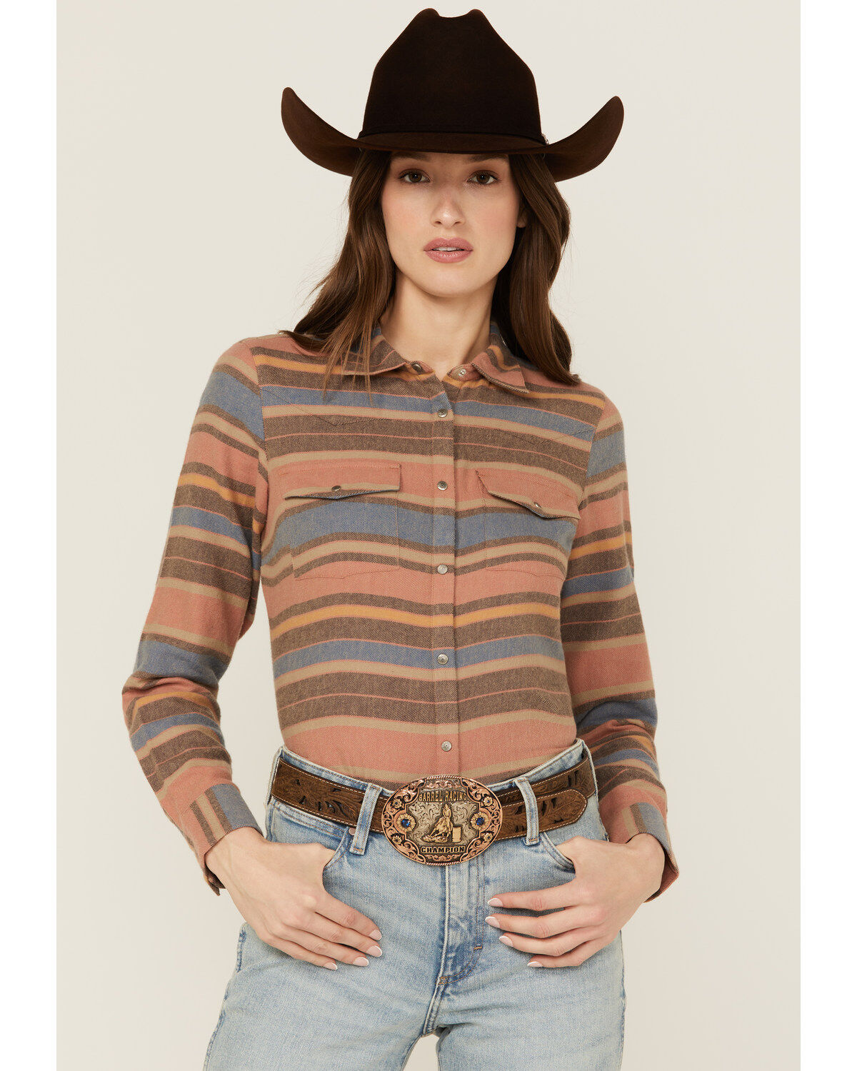 Shyanne Women's Serape Striped Print Long Sleeve Snap Flannel Shirt, Navy, hi-res