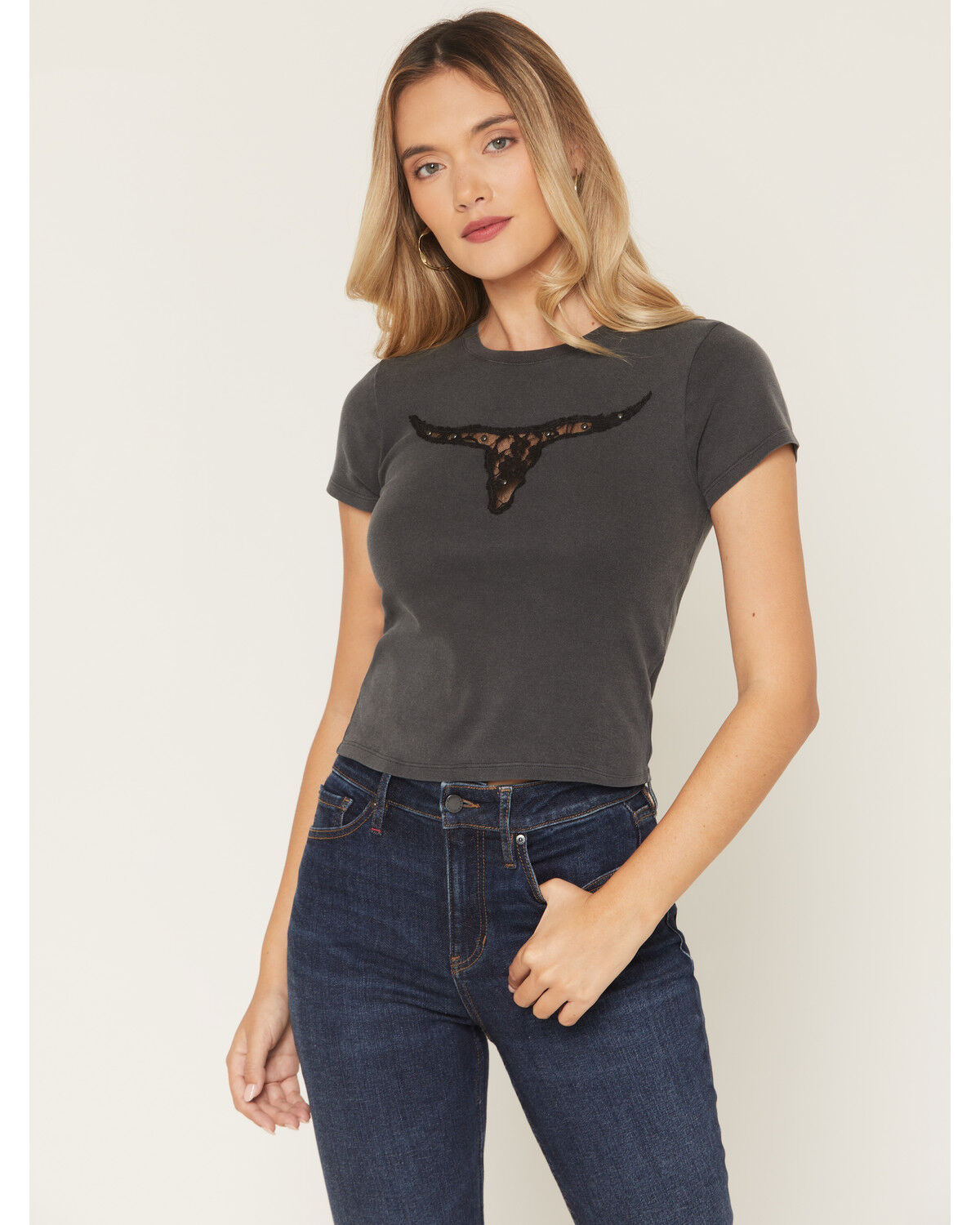 Youth In Revolt Women's Lace Steerhead Studded Short Sleeve Tee, Charcoal, hi-res