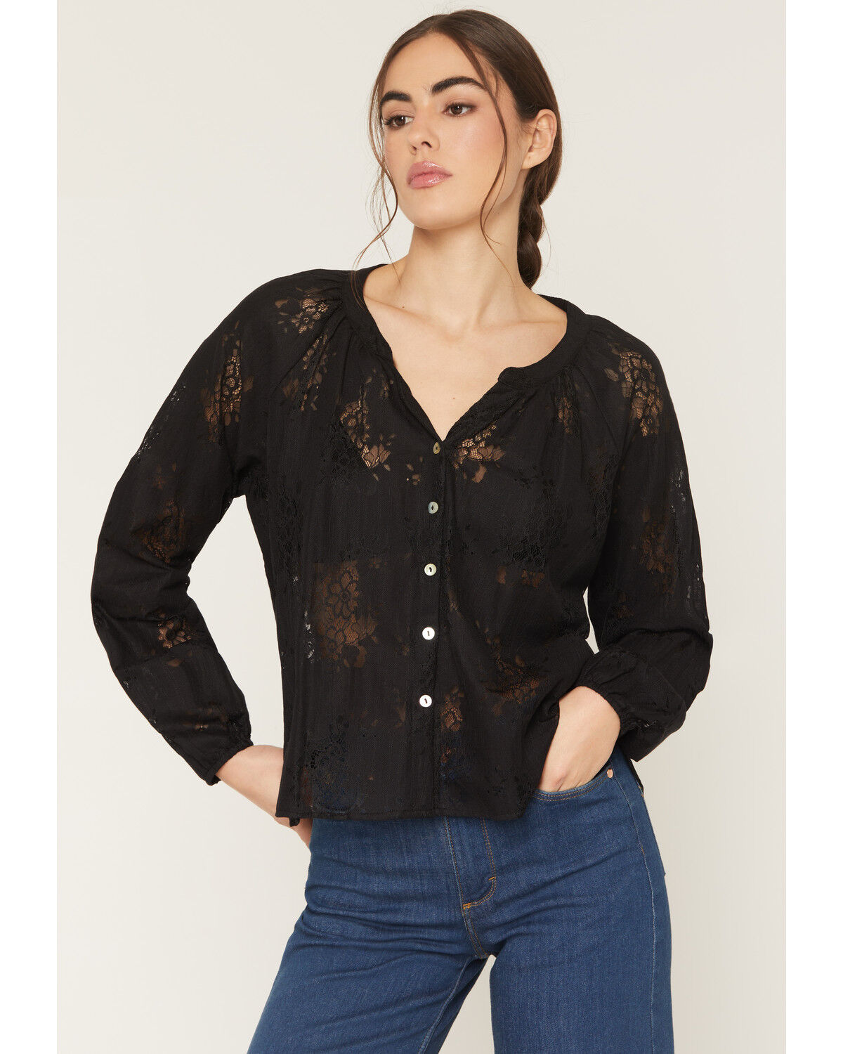 Image #1 - Wild Moss Women's Solid Lace Long Sleeve Button-Down Peasant Top, Black, hi-res