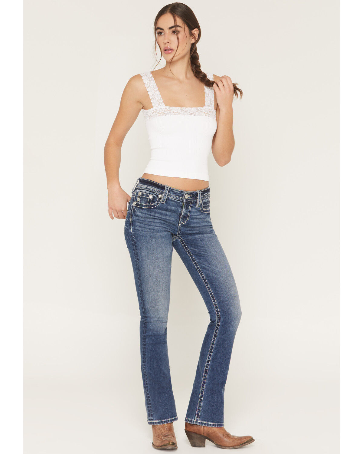 Image #3 - Miss Me Women's Medium Wash Mid Rise Fleur De Lis Pocket 30" Bootcut Stretch Denim Jeans, Medium Wash, hi-res