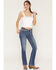 Image #3 - Miss Me Women's Medium Wash Mid Rise Fleur De Lis Pocket 30" Bootcut Stretch Denim Jeans, Medium Wash, hi-res