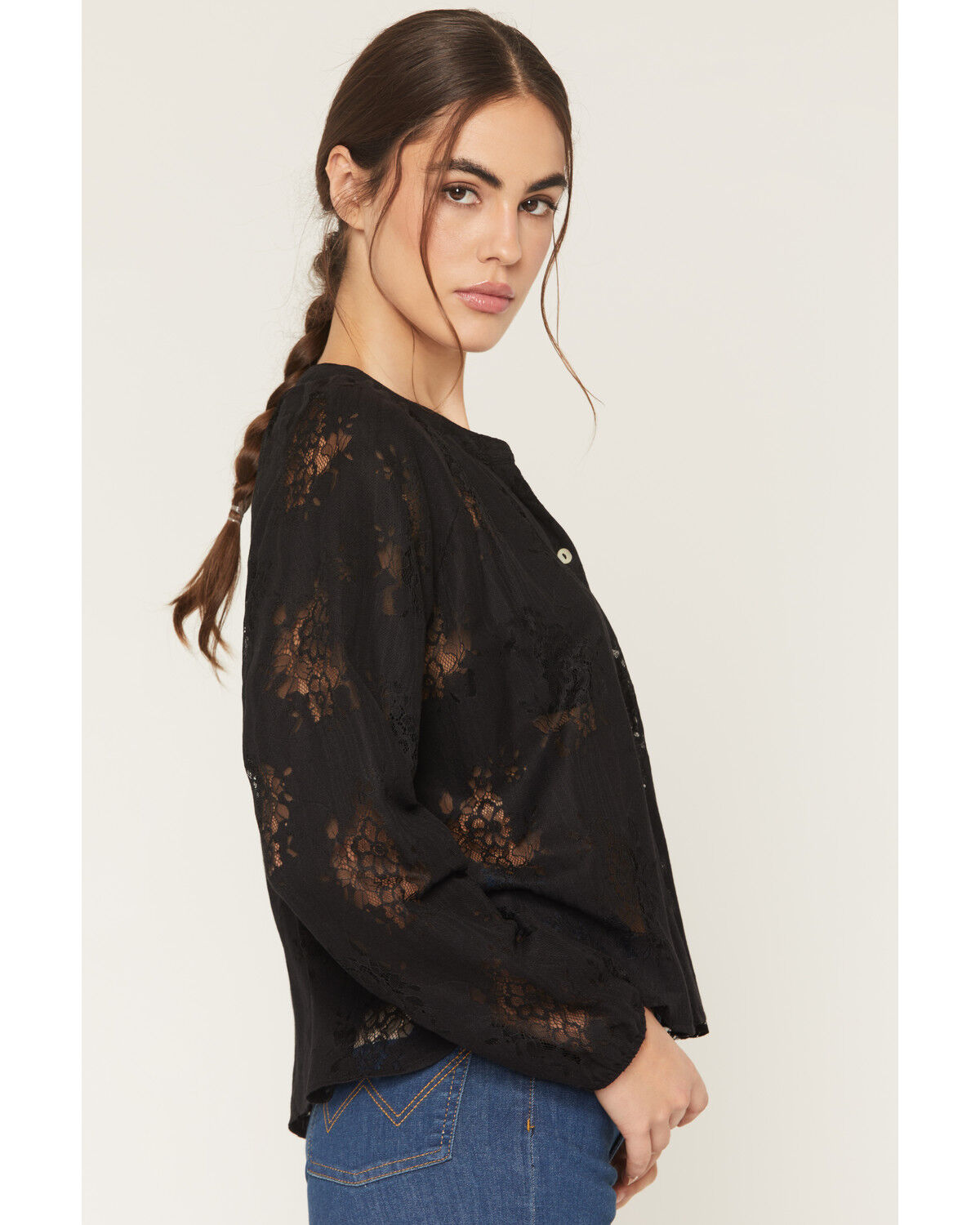 Image #2 - Wild Moss Women's Solid Lace Long Sleeve Button-Down Peasant Top, Black, hi-res