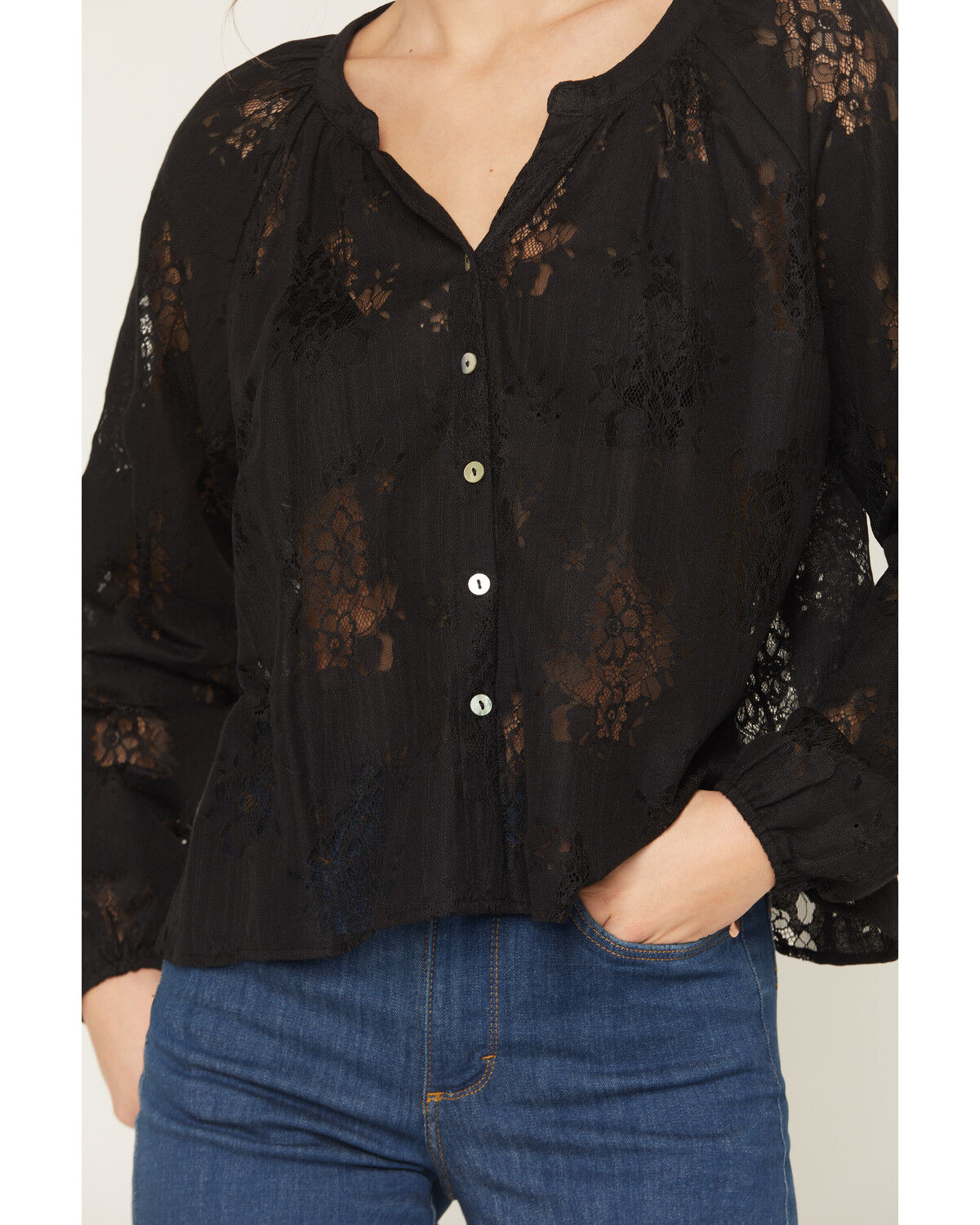 Image #3 - Wild Moss Women's Solid Lace Long Sleeve Button-Down Peasant Top, Black, hi-res