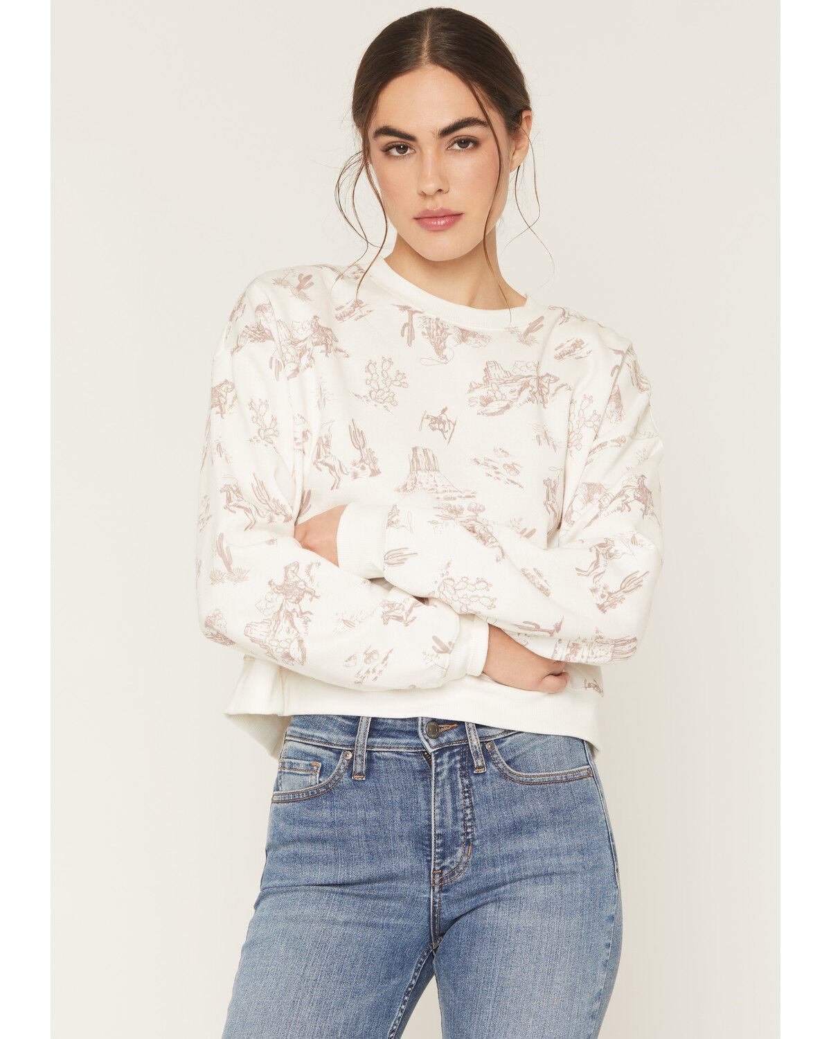 Image #1 - Originality Women's Conversational Print Crew Neck Sweatshirt, Cream, hi-res