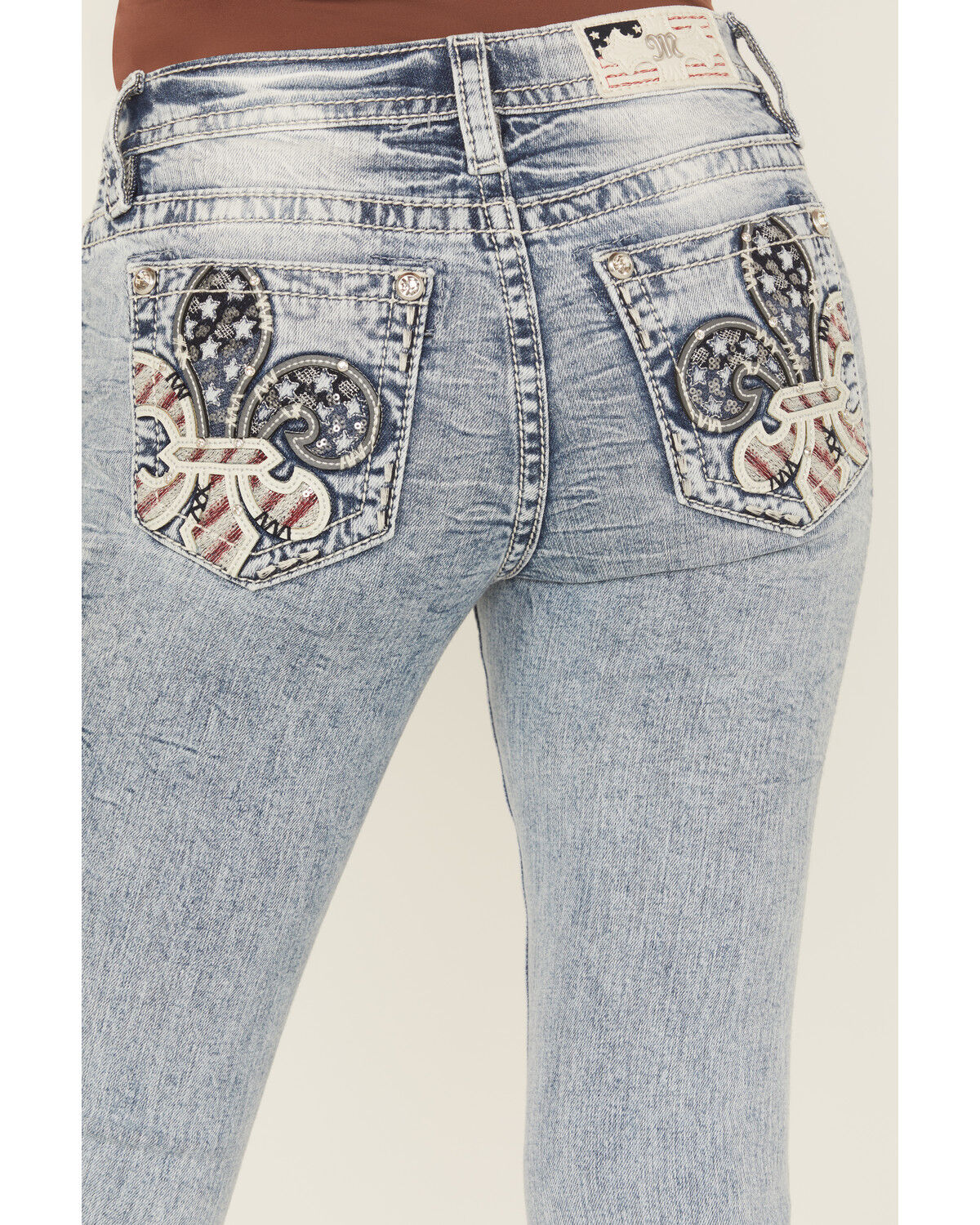 Image #2 - Miss Me Women's Medium Wash Mid Rise Americana Fleur de Lis 34" Bootcut Stretch Denim Jeans, Medium Wash, hi-res